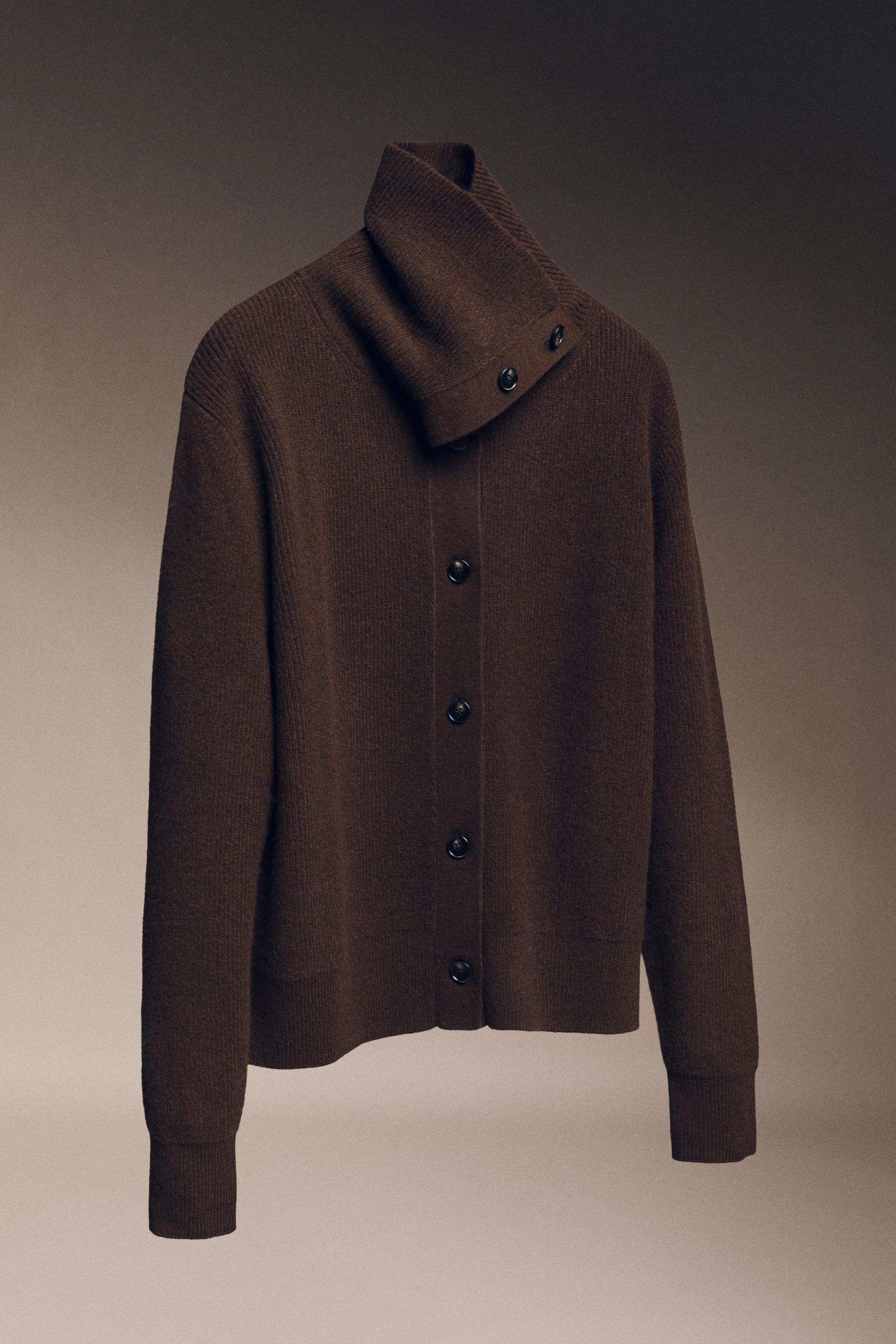 Purl knit funnel neck cardigan - Chocolate