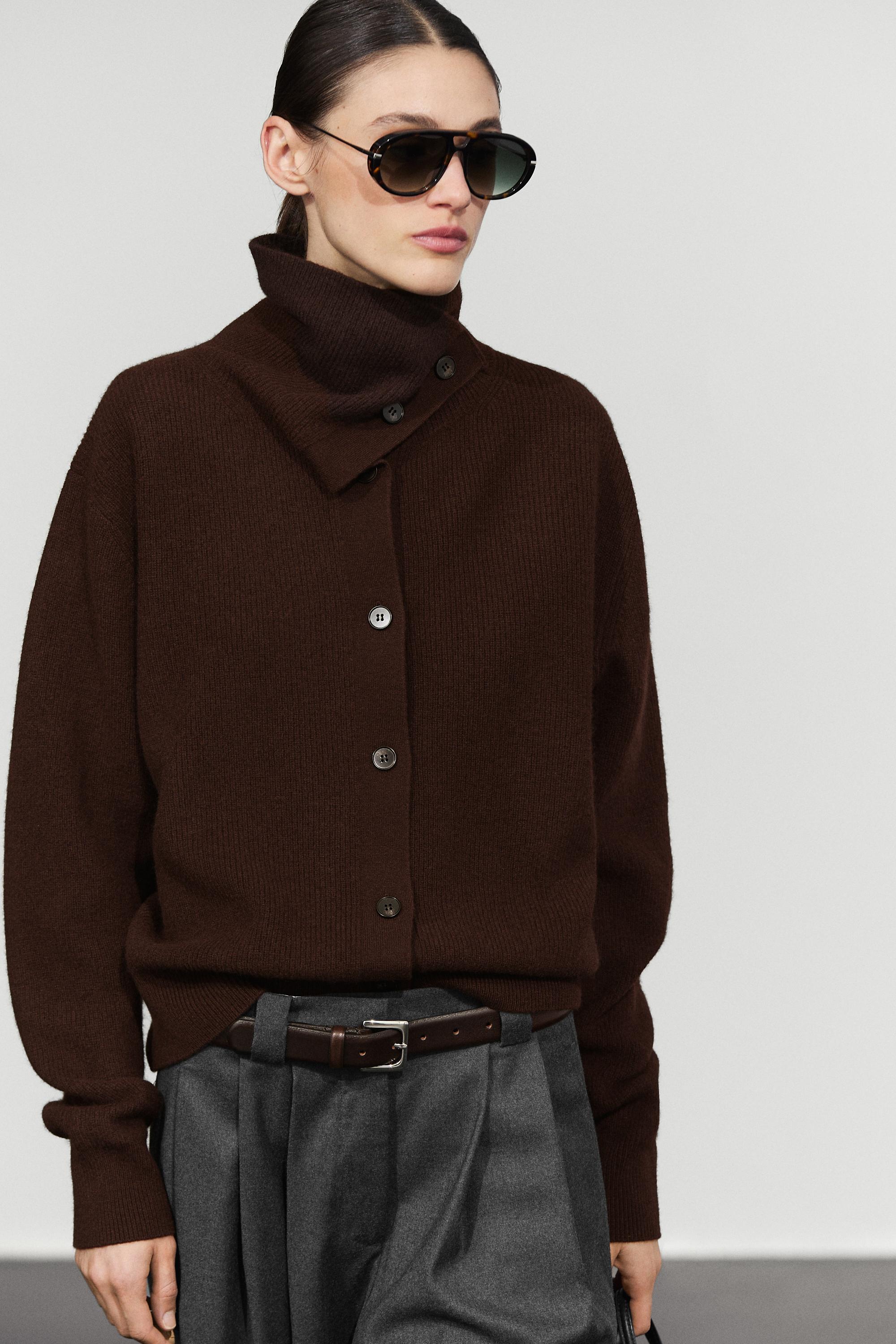 Purl knit funnel neck cardigan - Chocolate