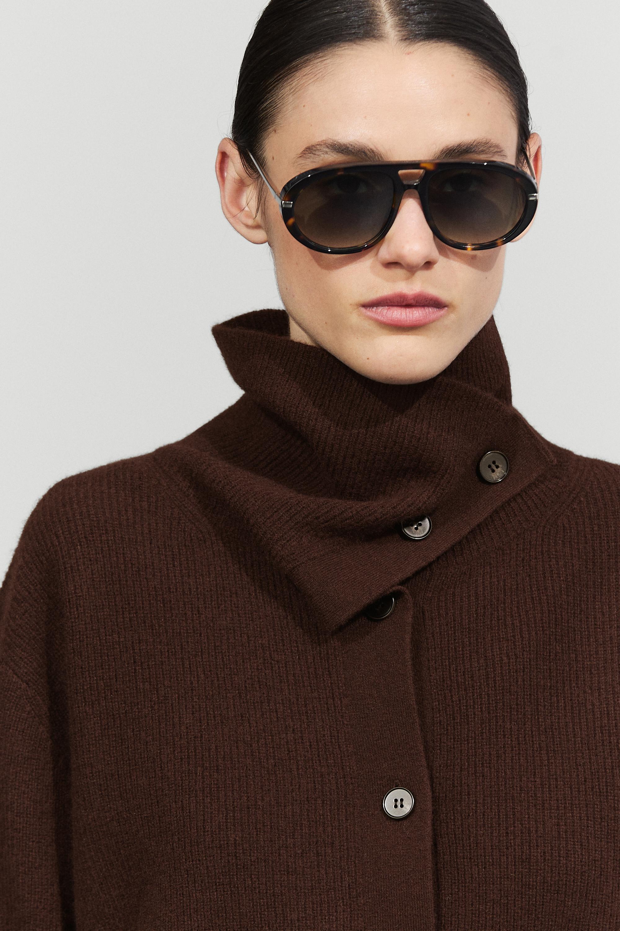 Purl knit funnel neck cardigan - Chocolate