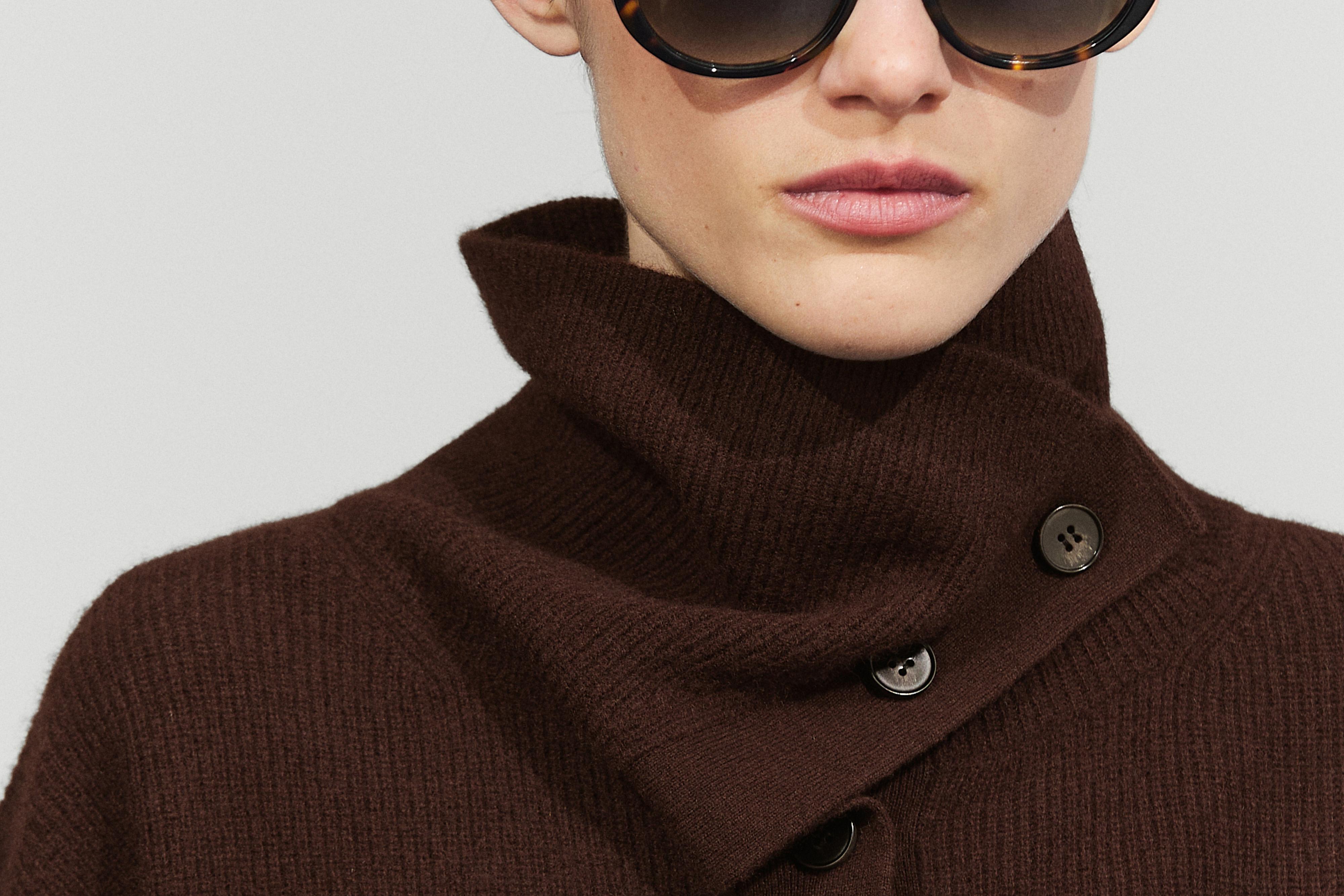 Purl knit funnel neck cardigan - Chocolate