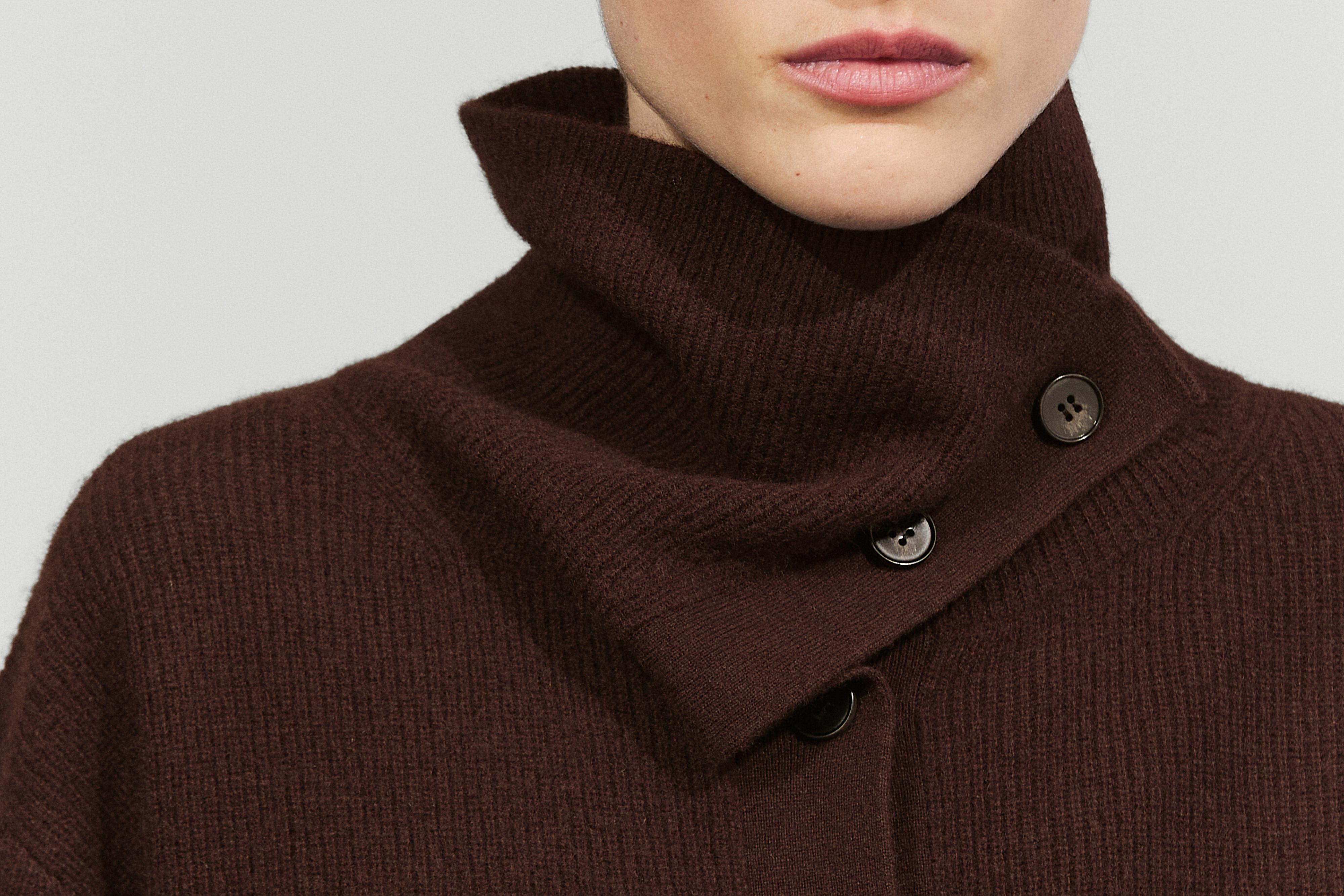 Purl knit funnel neck cardigan - Chocolate