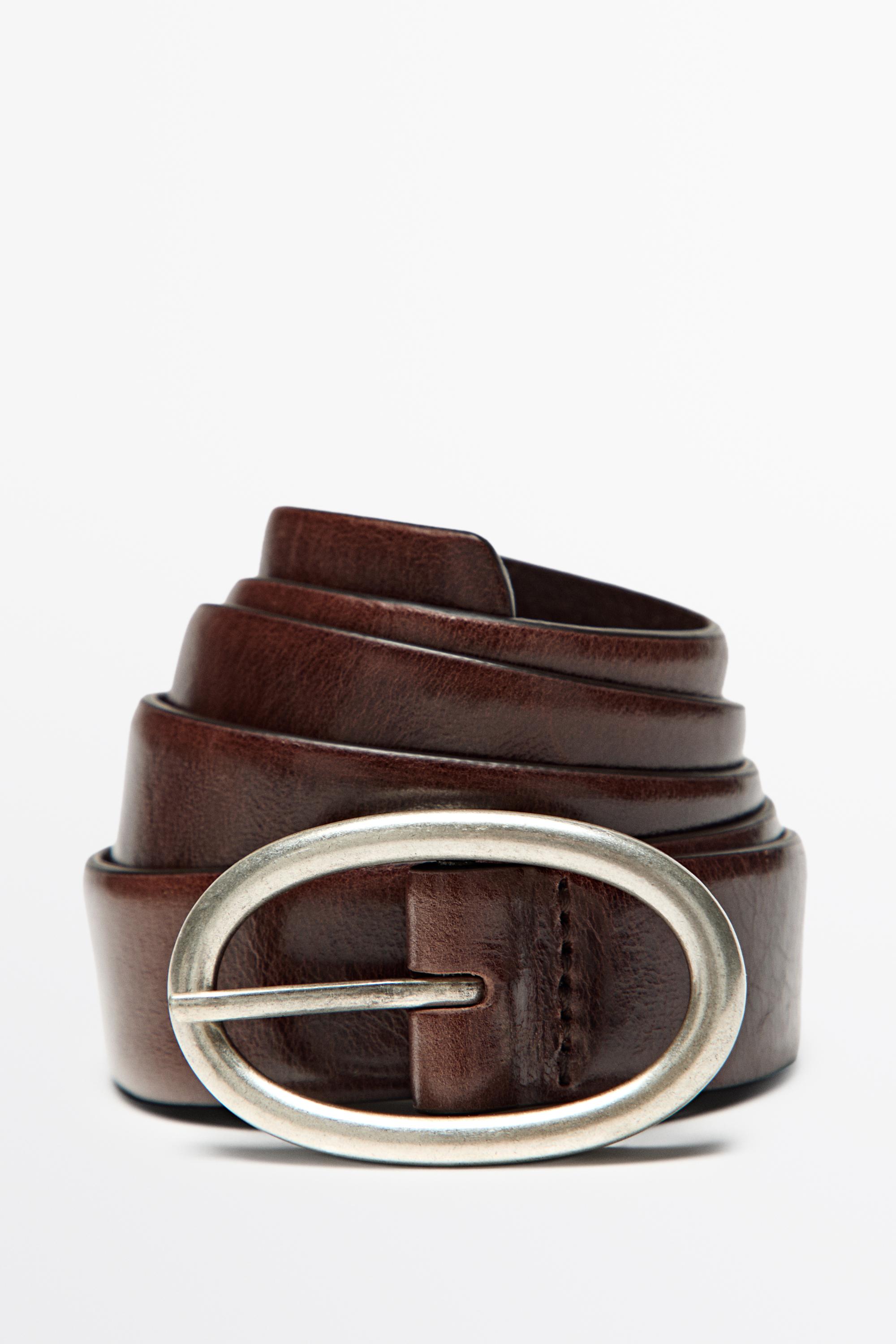 Nappa leather oval buckle belt - BROWN