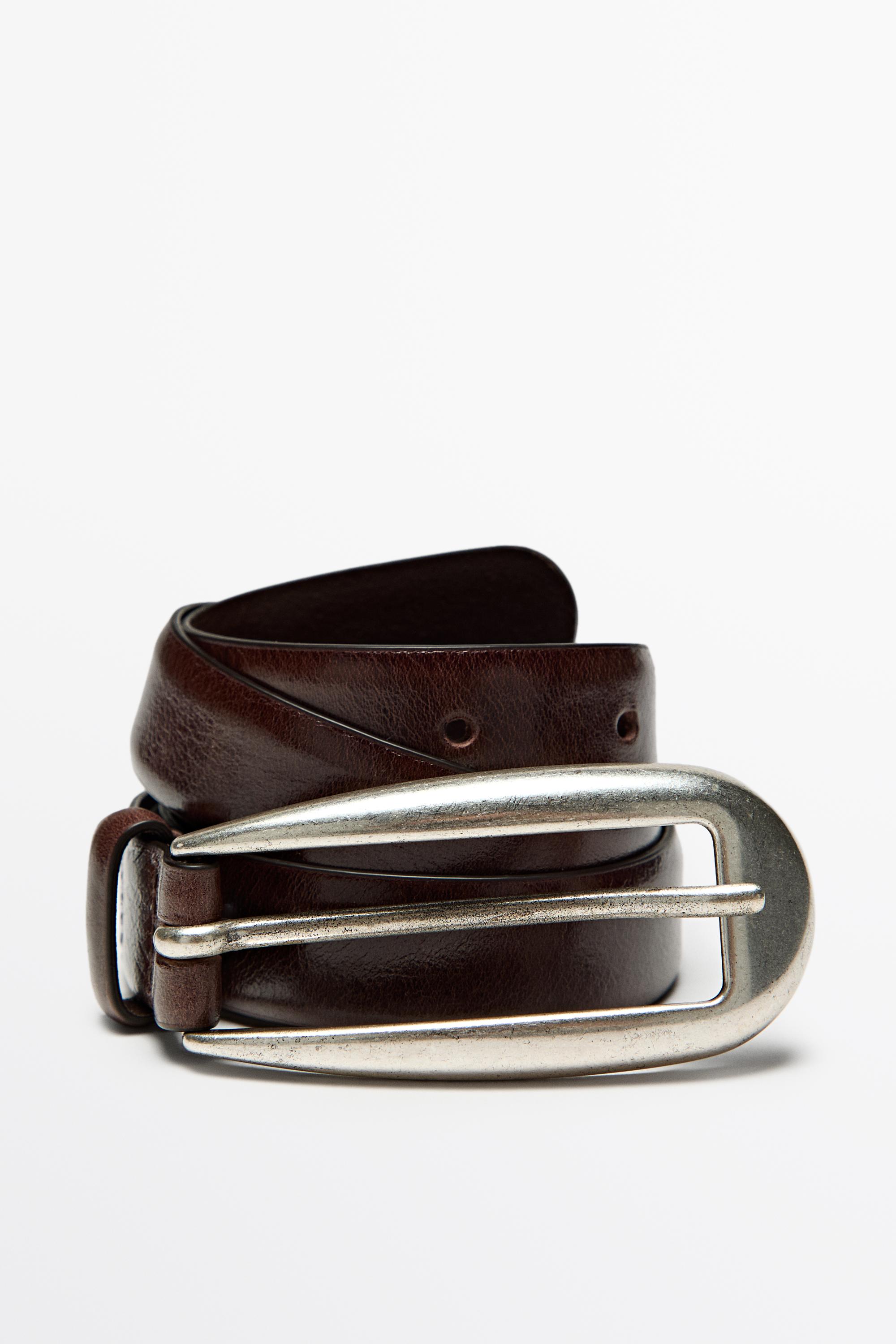 Nappa leather belt with rounded buckle - BROWN