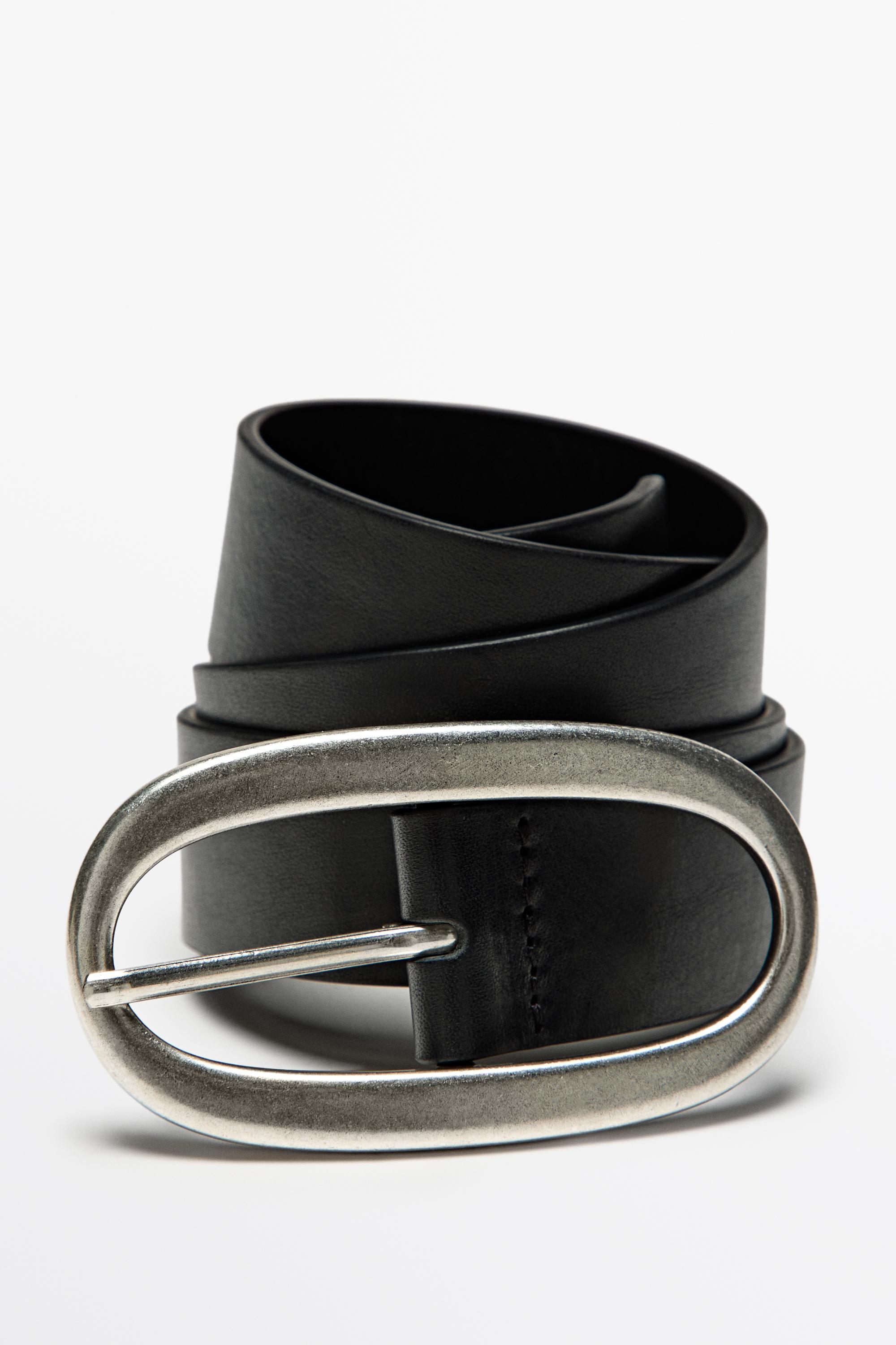 Nappa leather belt with oval buckle - BLACK