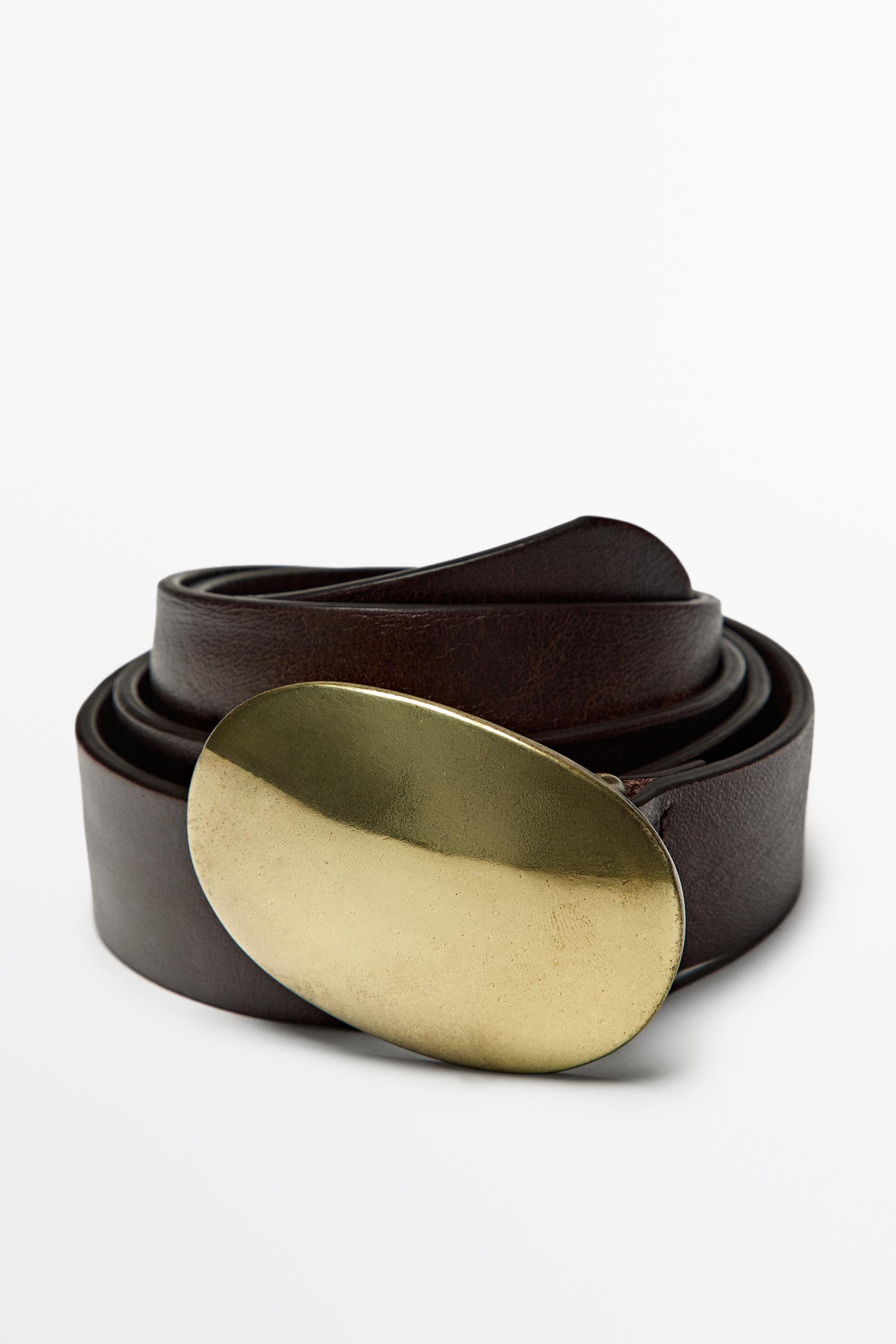 Nappa leather belt with metal plate buckle - BROWN