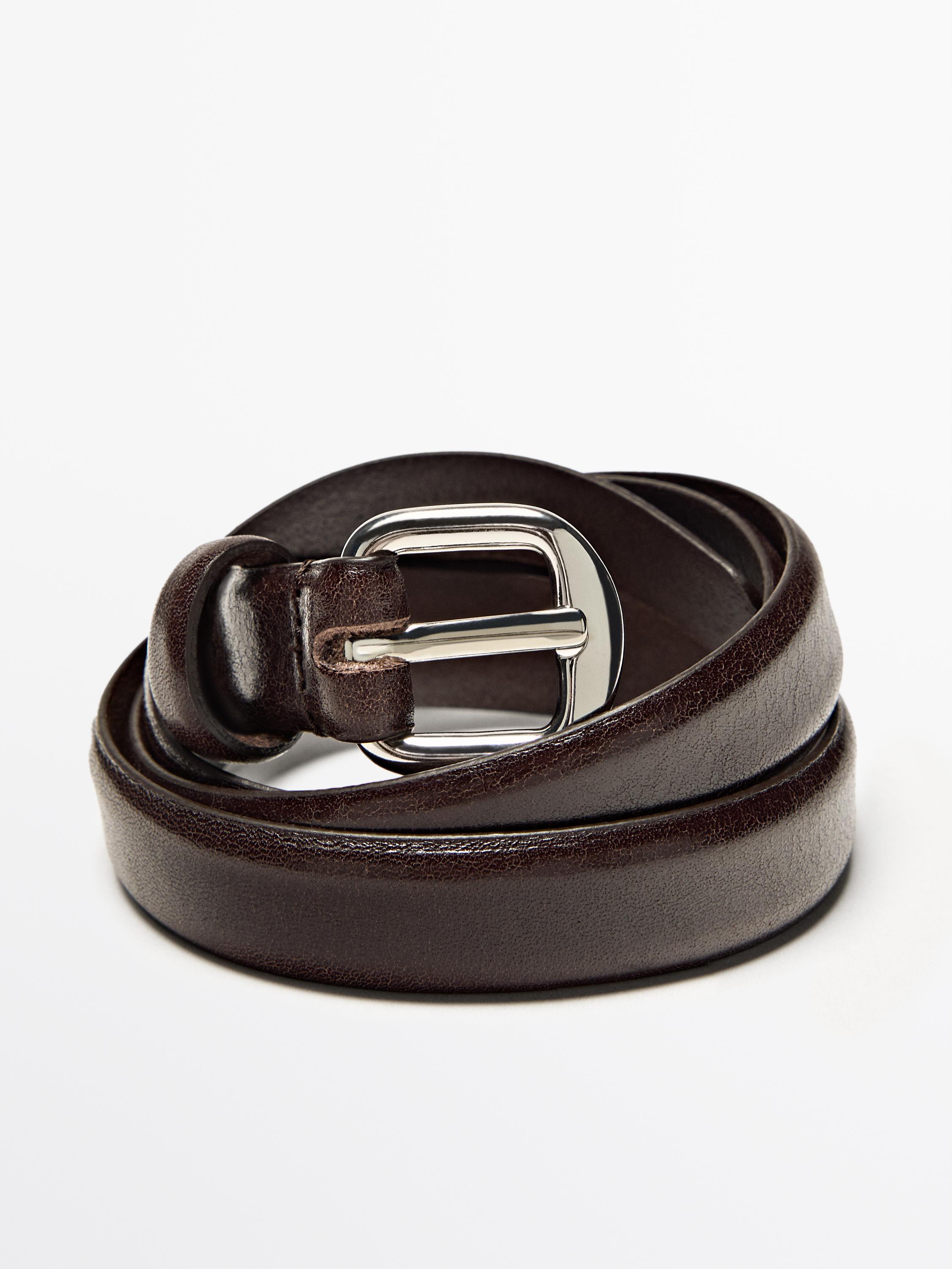 Leather belt with arched buckle - BROWN