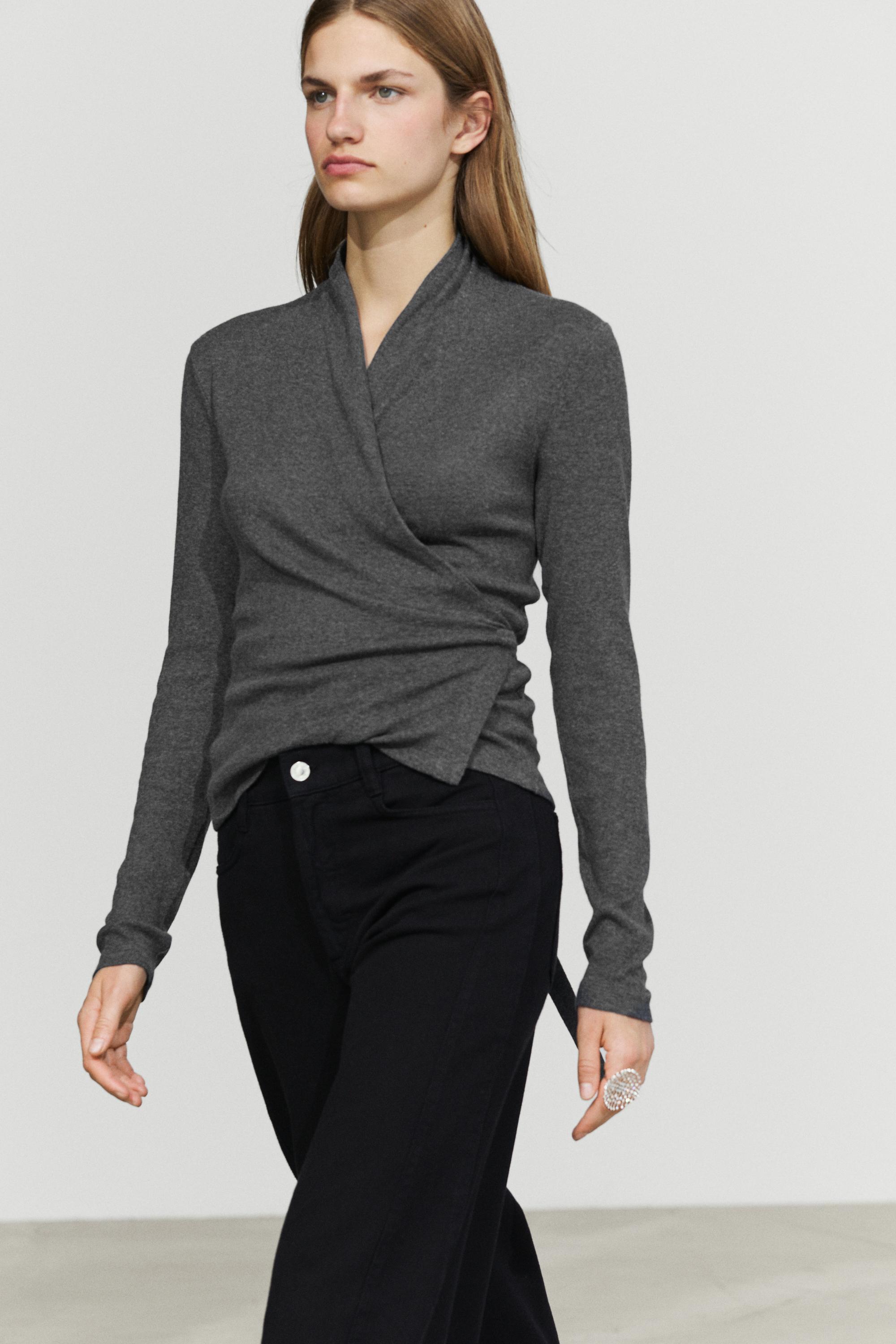 Cotton-cashmere blend wrap T-shirt - GREY MARL