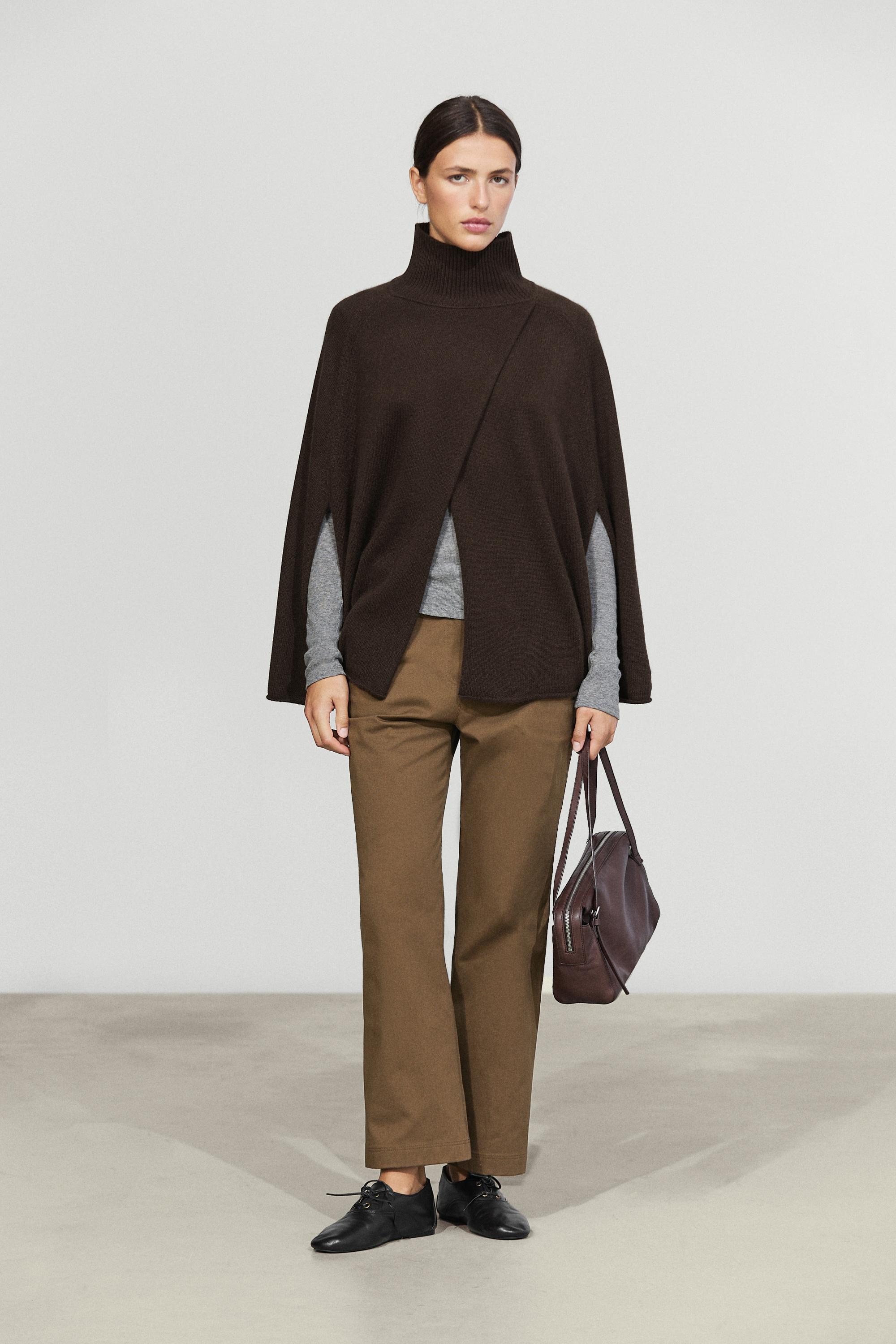 100% cashmere knit cape with crossover detail - BROWN