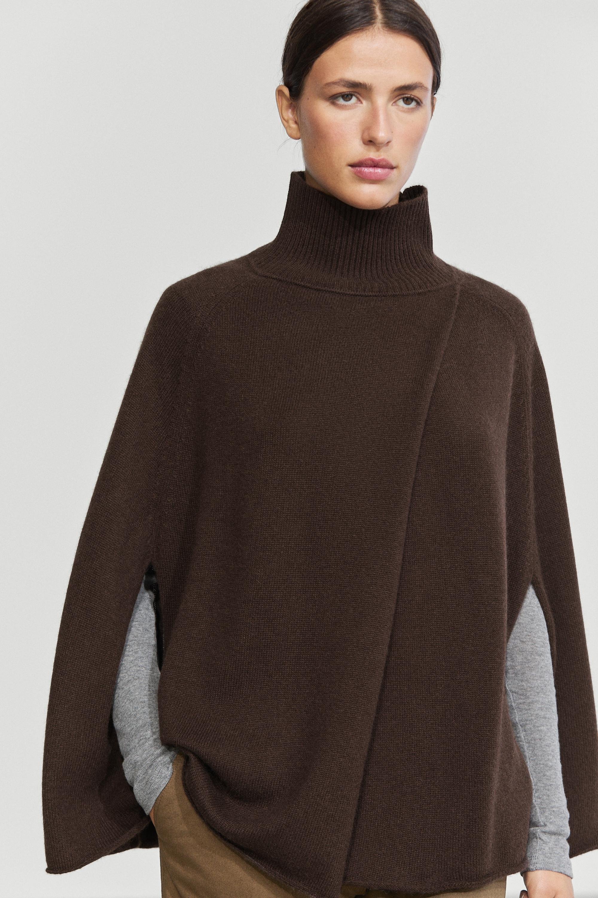 100% cashmere knit cape with crossover detail - BROWN