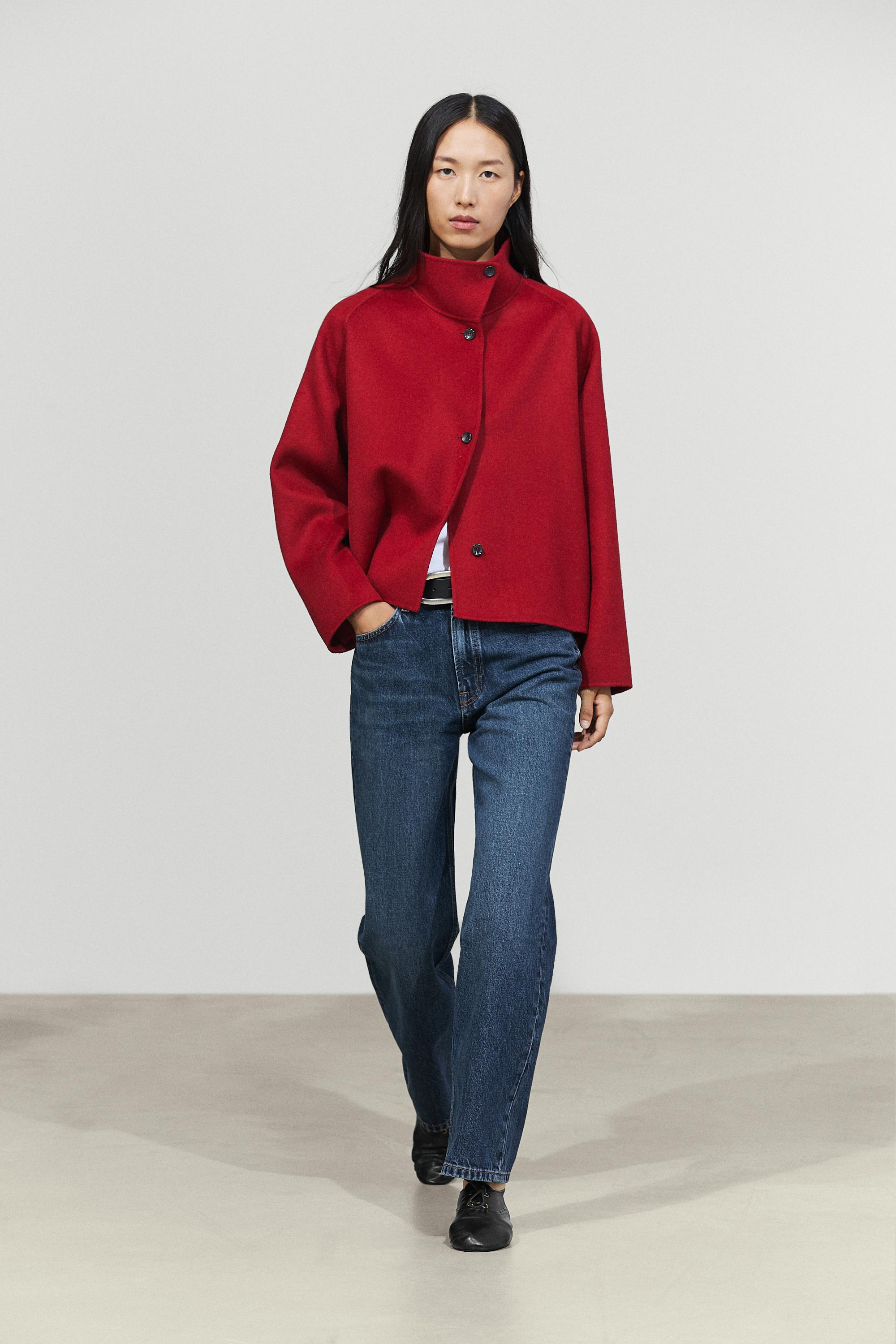 Short wool blend stand collar coat - RED
