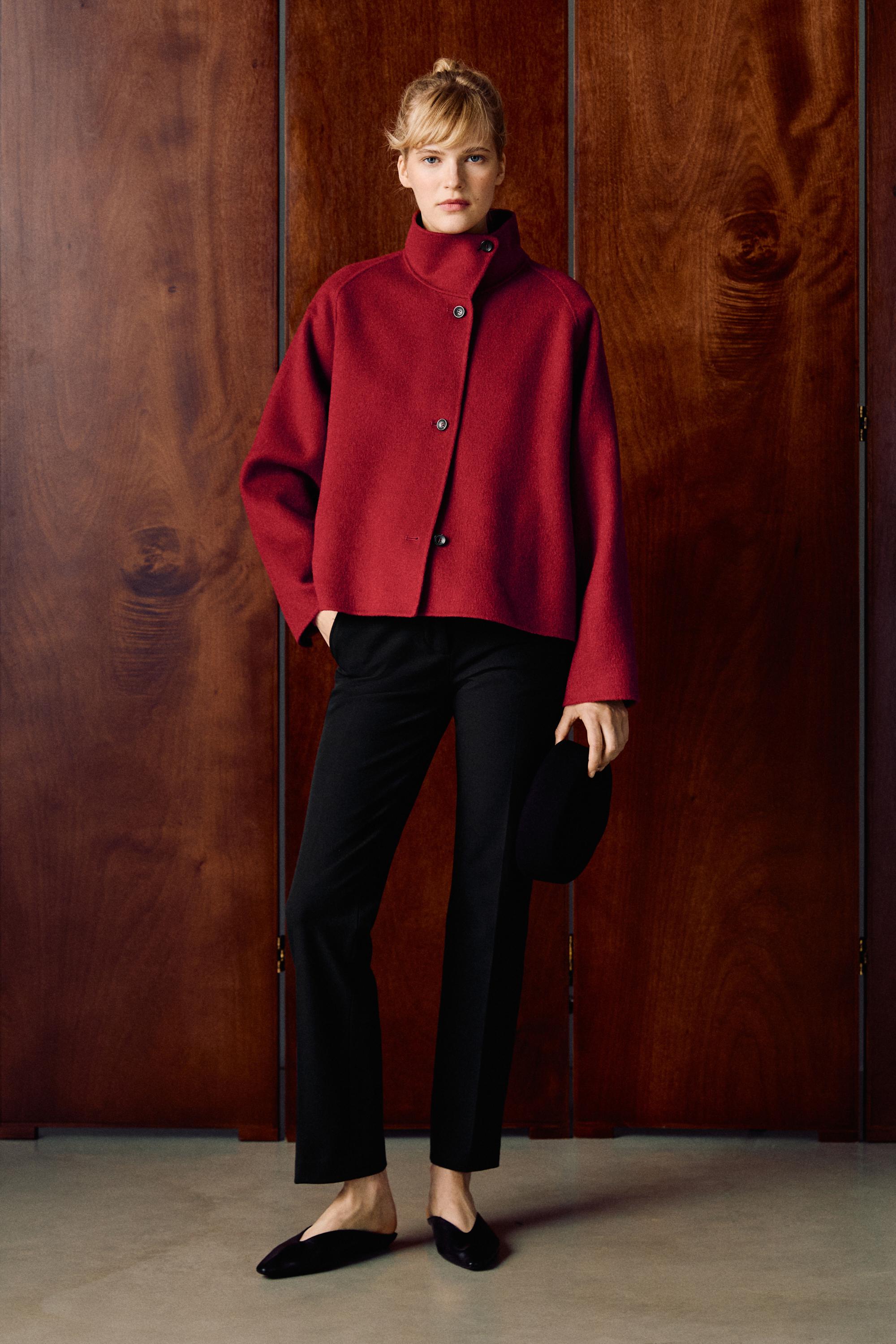 Short wool blend stand collar coat - RED
