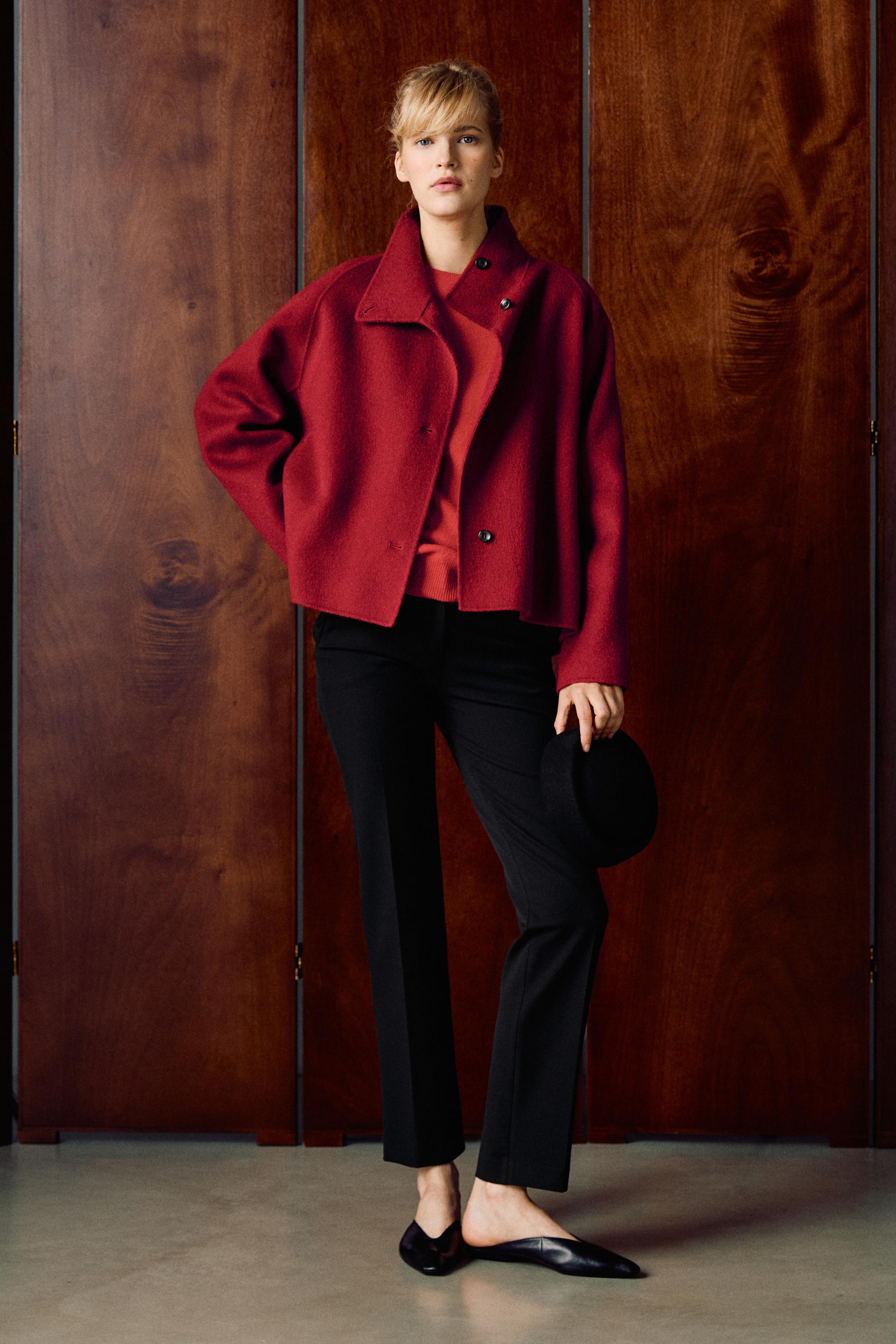 Short wool blend stand collar coat - RED