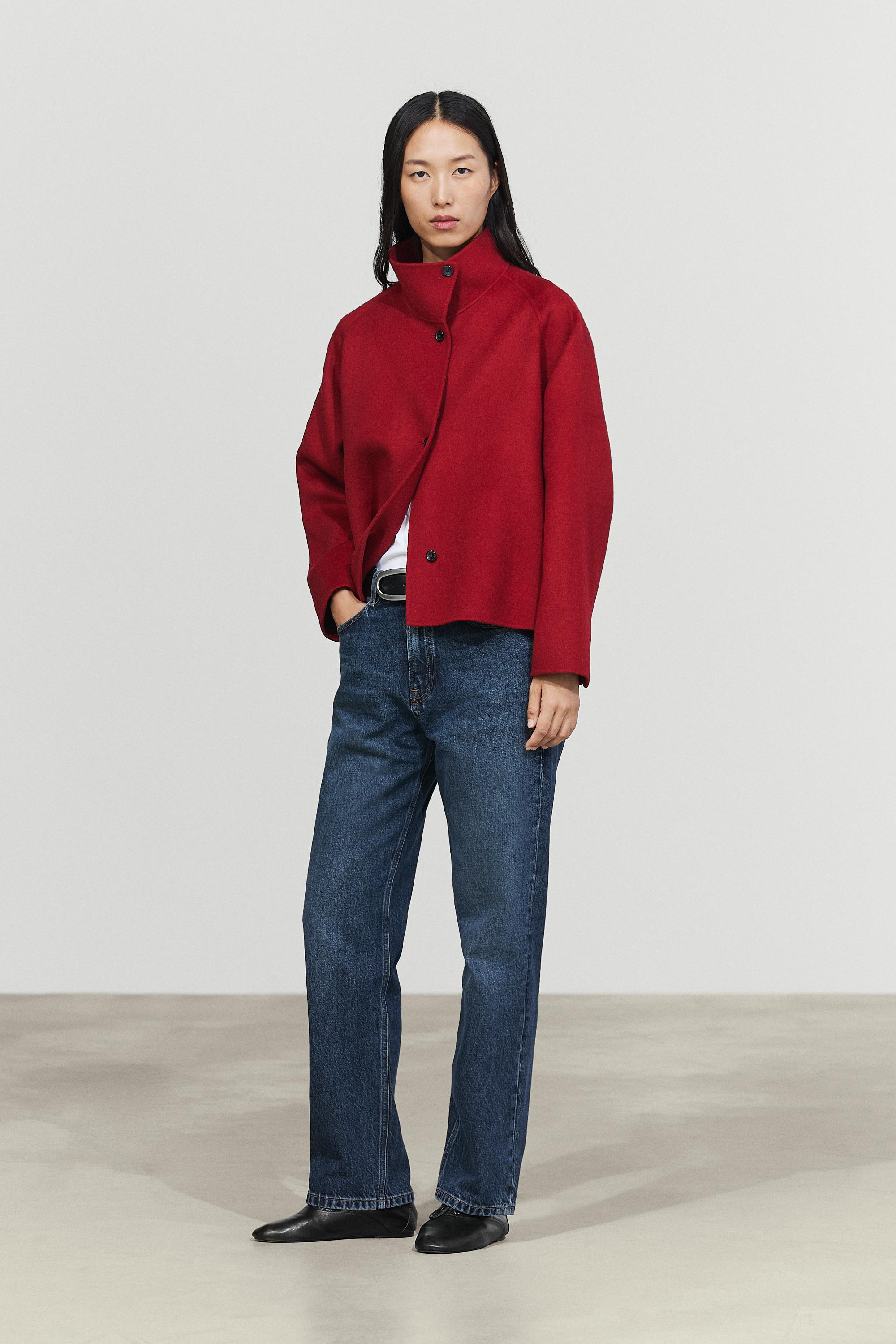 Short wool blend stand collar coat - RED