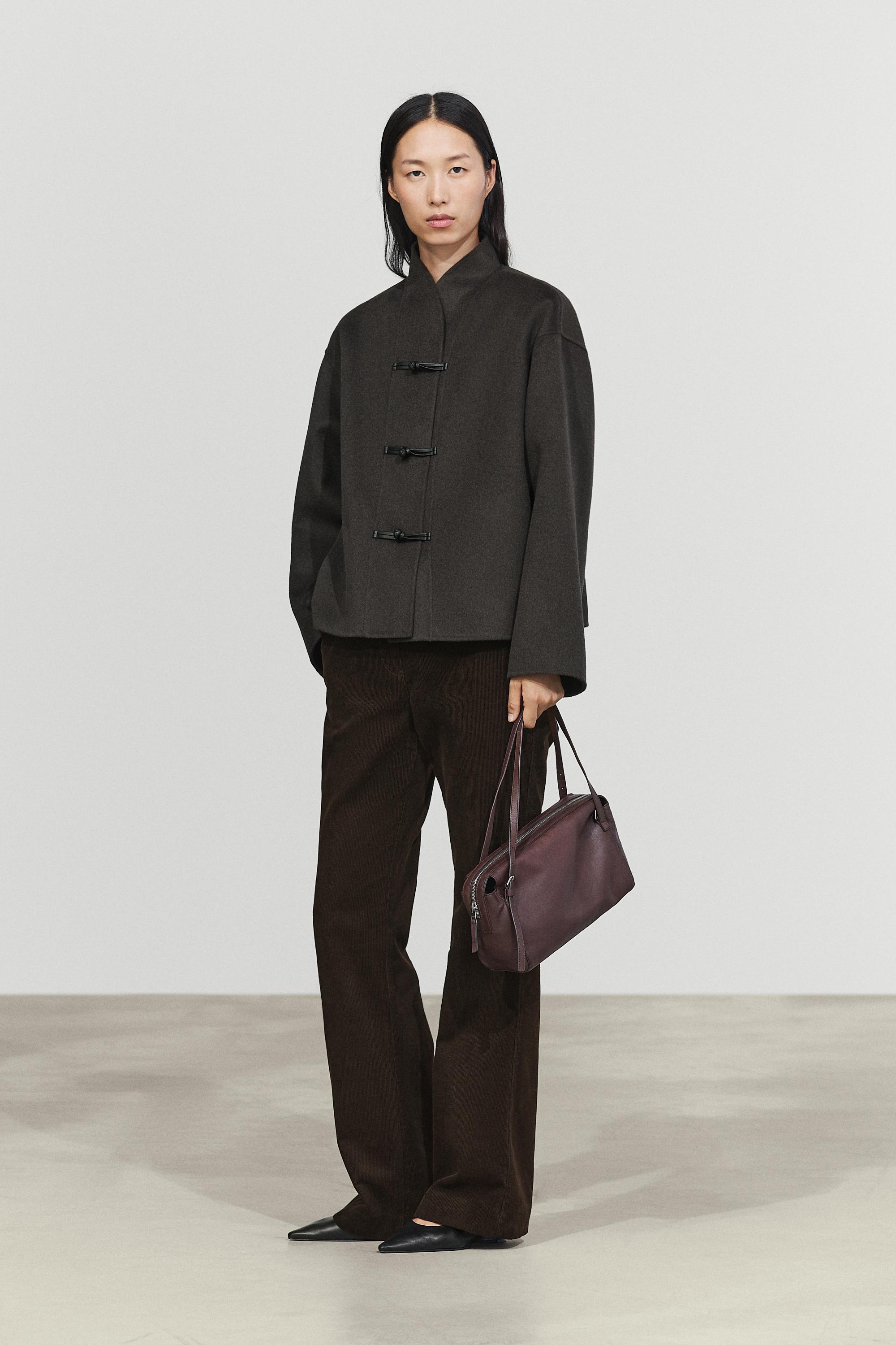 Short wool-blend coat with button detail - DARK GREY