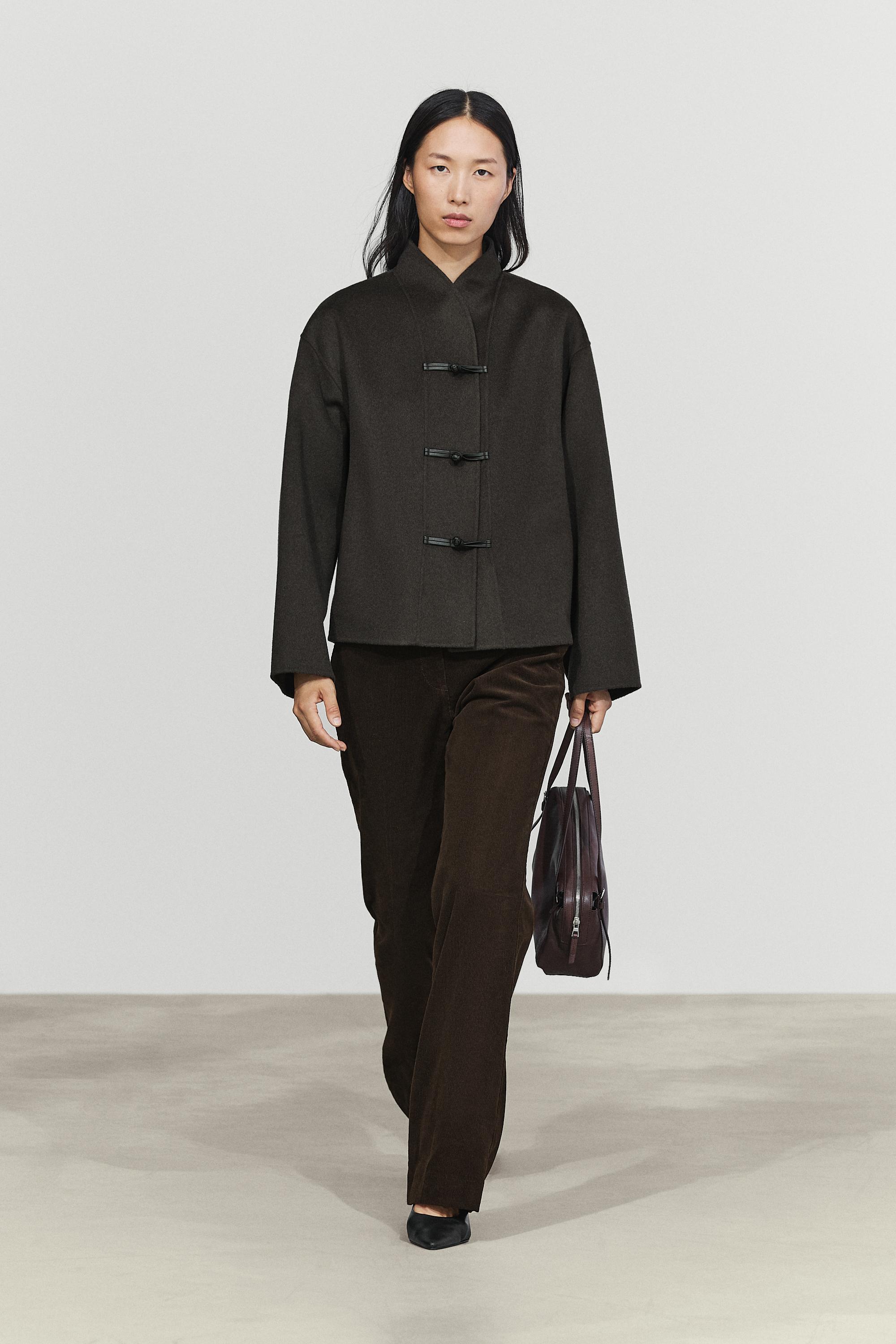 Short wool-blend coat with button detail - DARK GREY