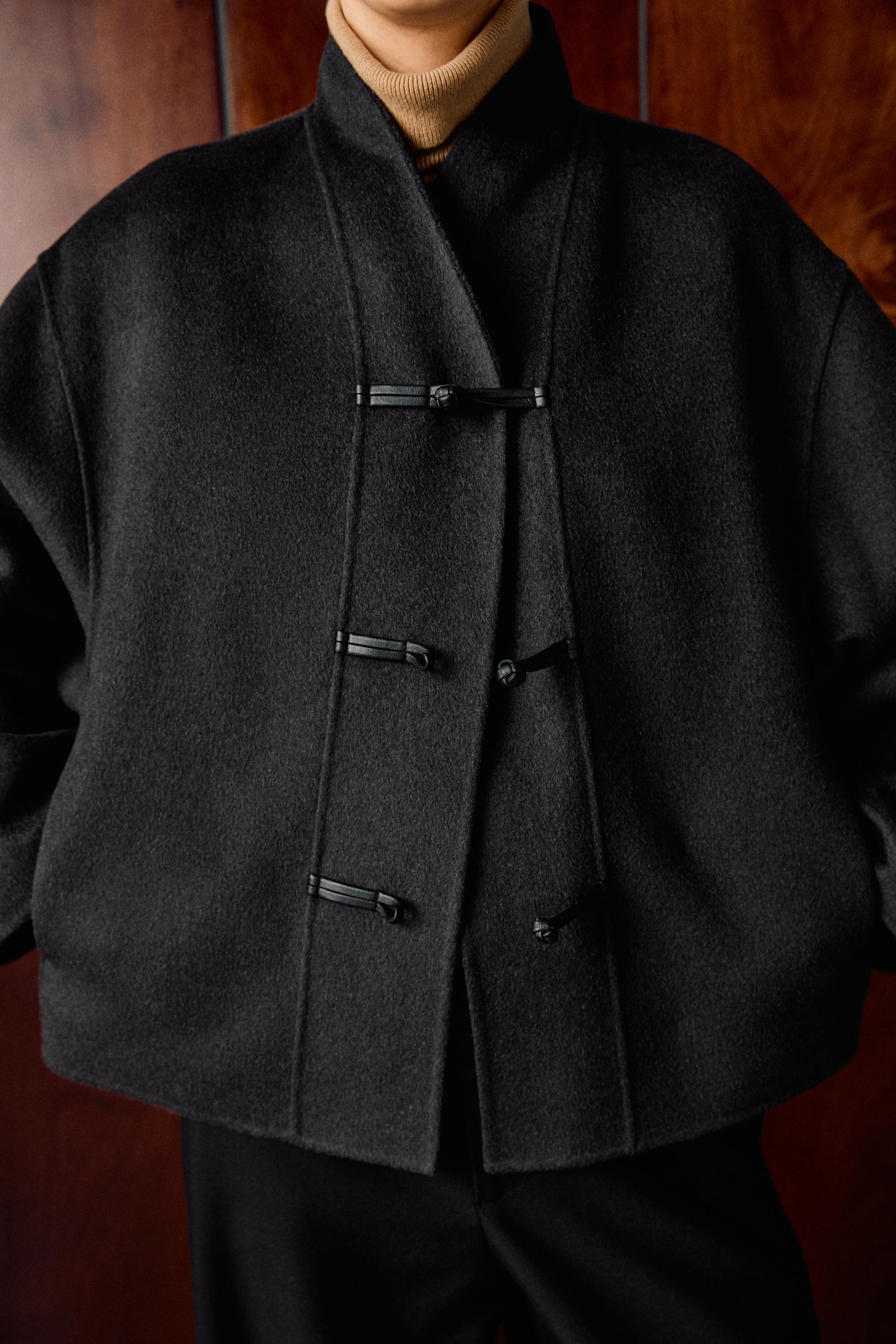 Short wool-blend coat with button detail - DARK GREY