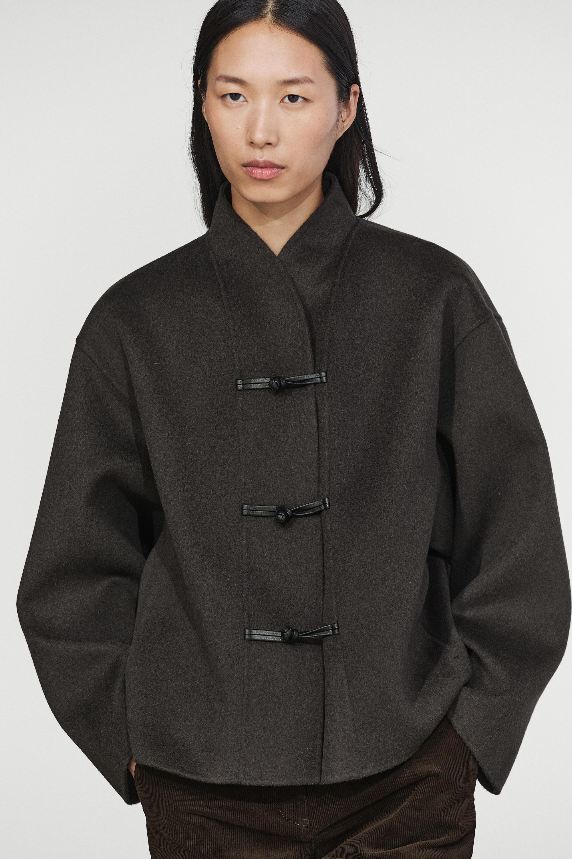 Short wool-blend coat with button detail - DARK GREY