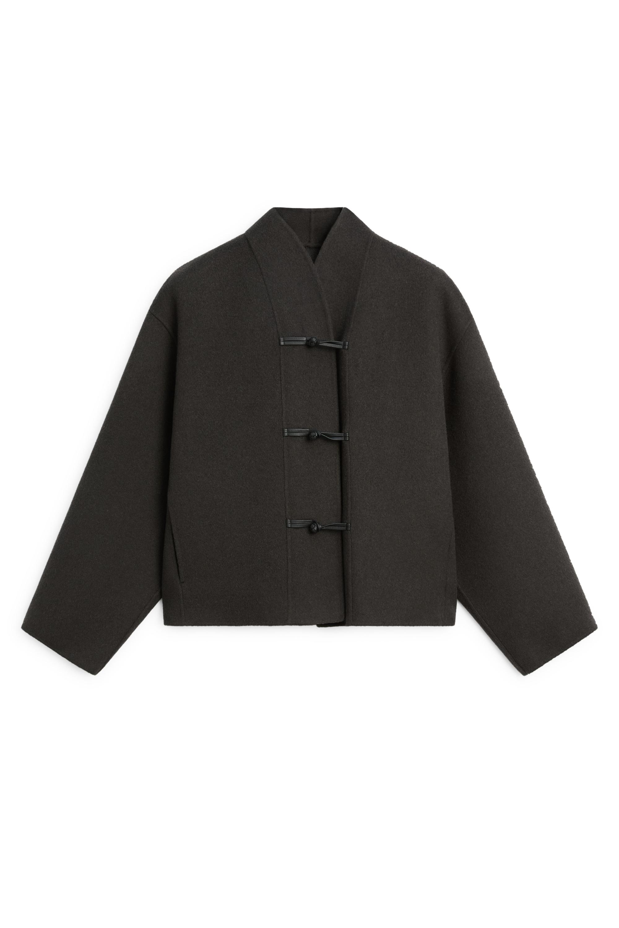 Short wool-blend coat with button detail - DARK GREY
