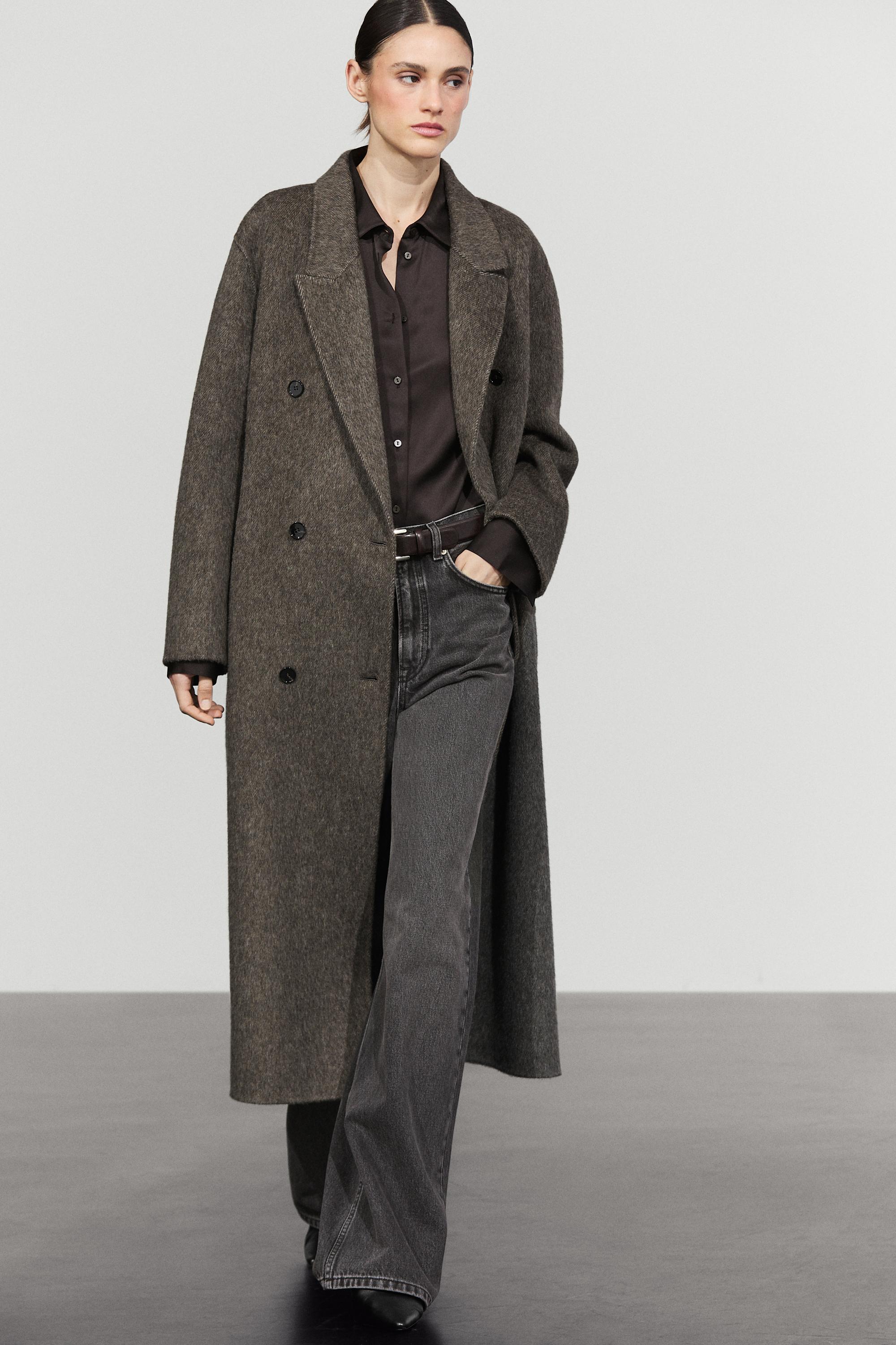Long double-breasted wool blend coat - DARK KHAKI