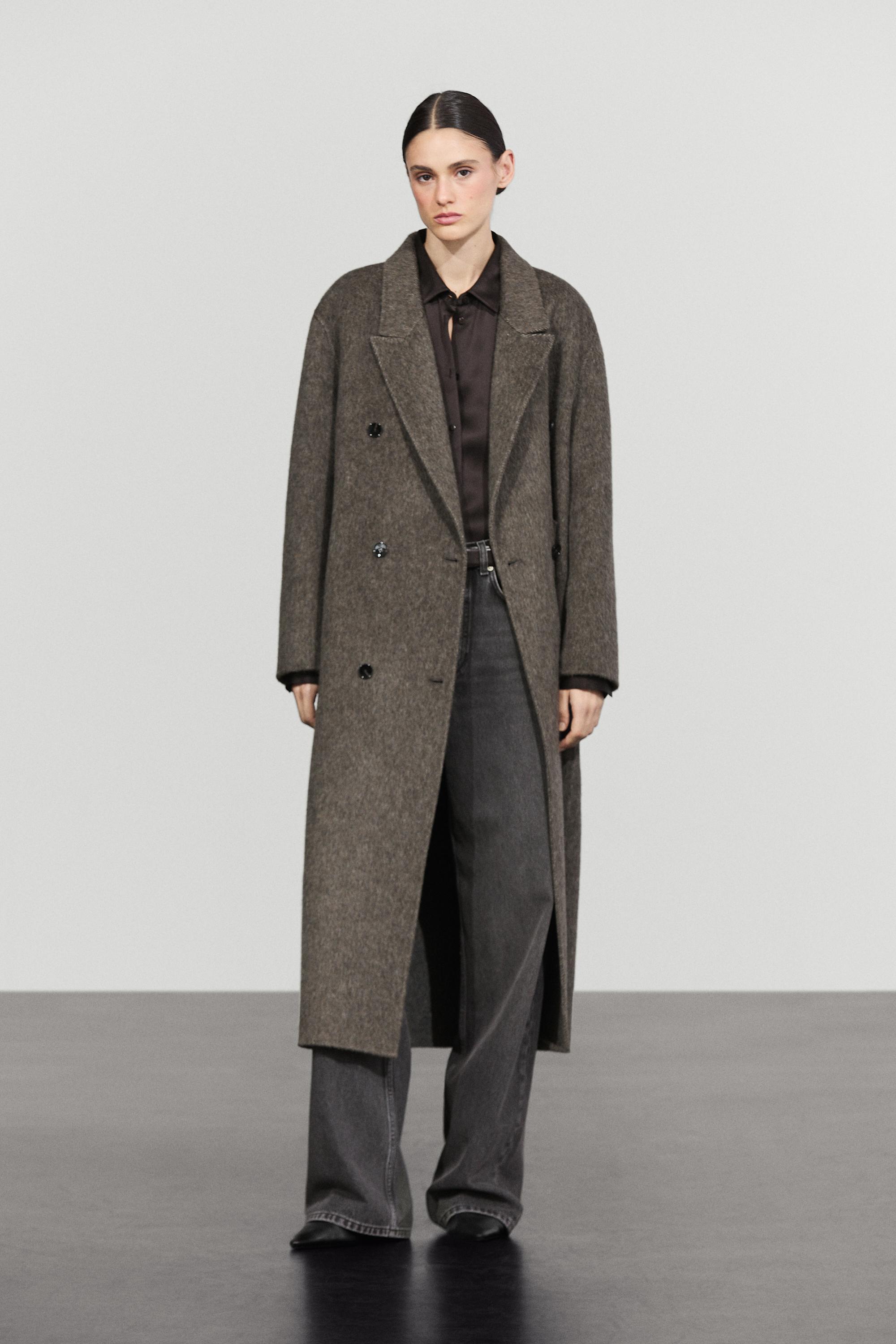 Long double-breasted wool blend coat - DARK KHAKI