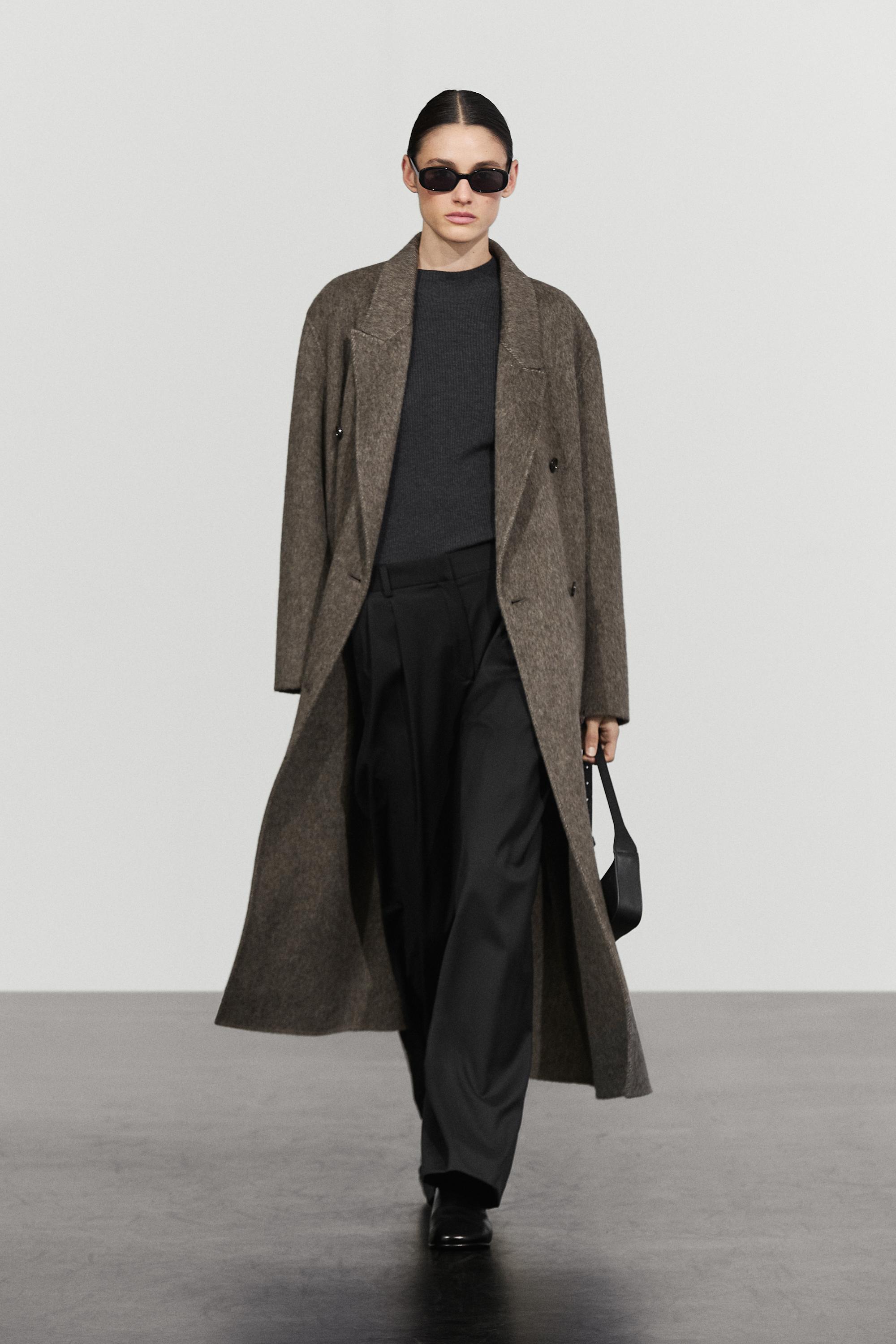 Long double-breasted wool blend coat - DARK KHAKI