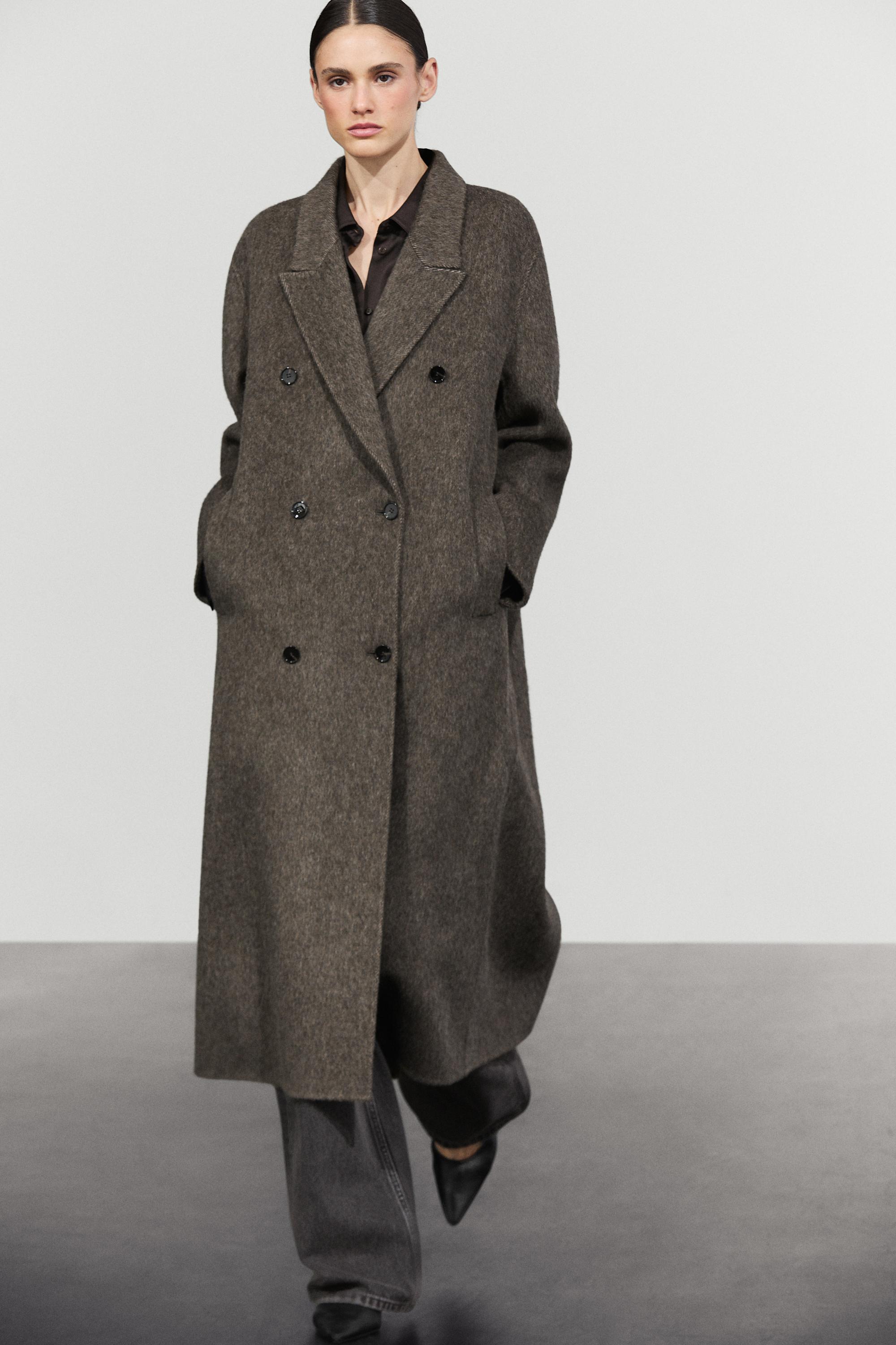 Long double-breasted wool blend coat - DARK KHAKI