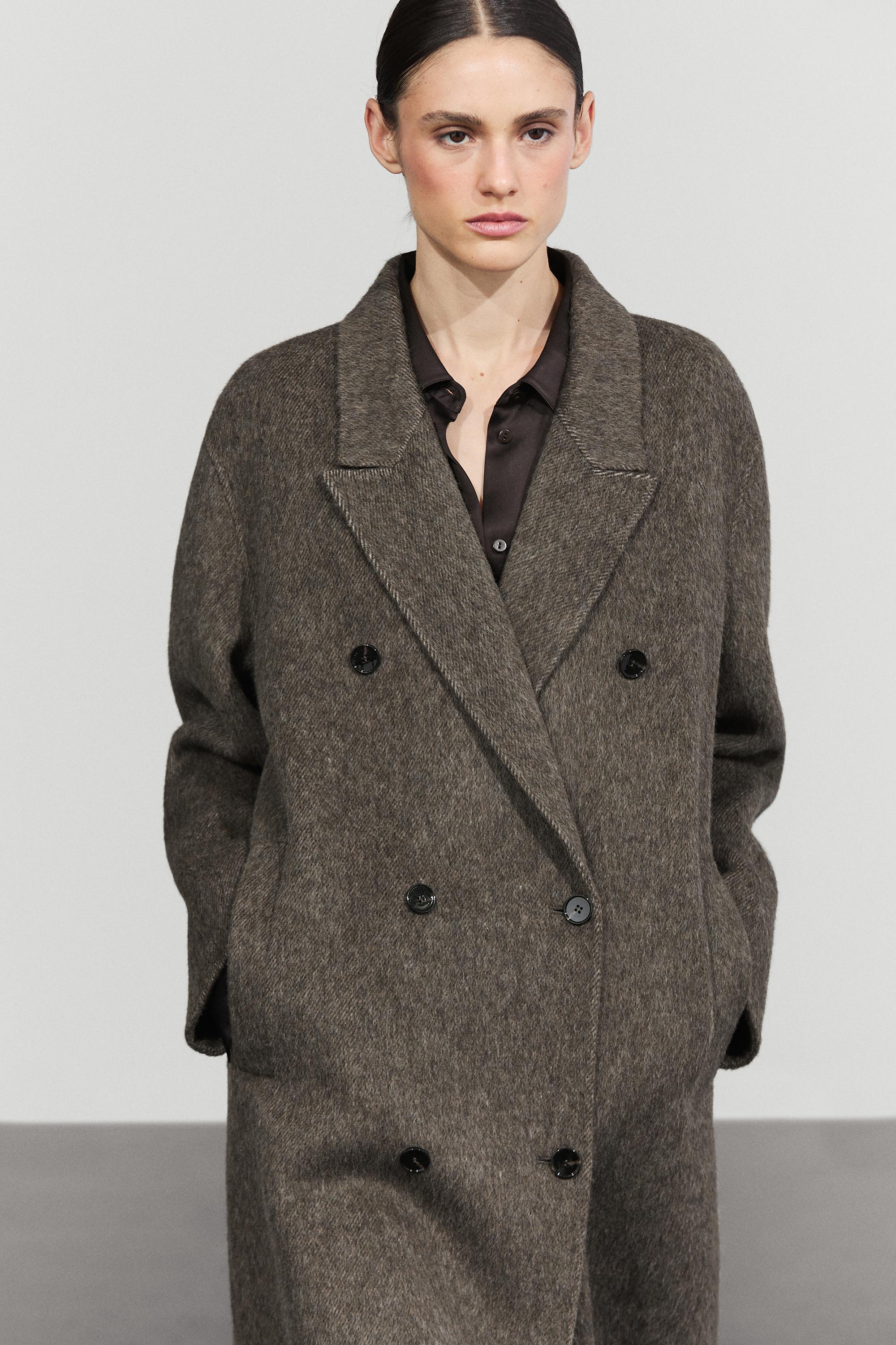 Long double-breasted wool blend coat - DARK KHAKI