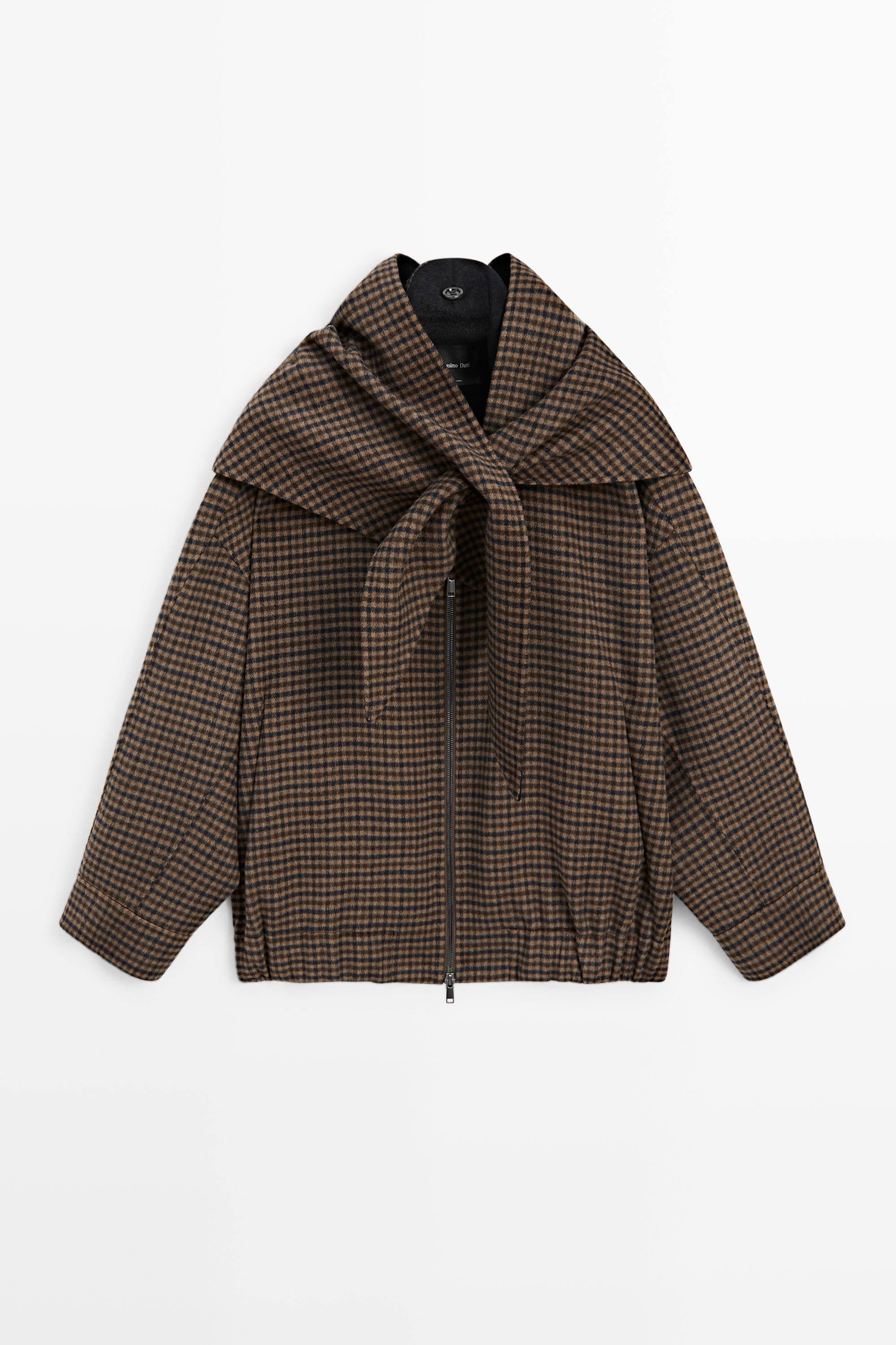 Gingham bomber jacket with removable scarf - BROWN