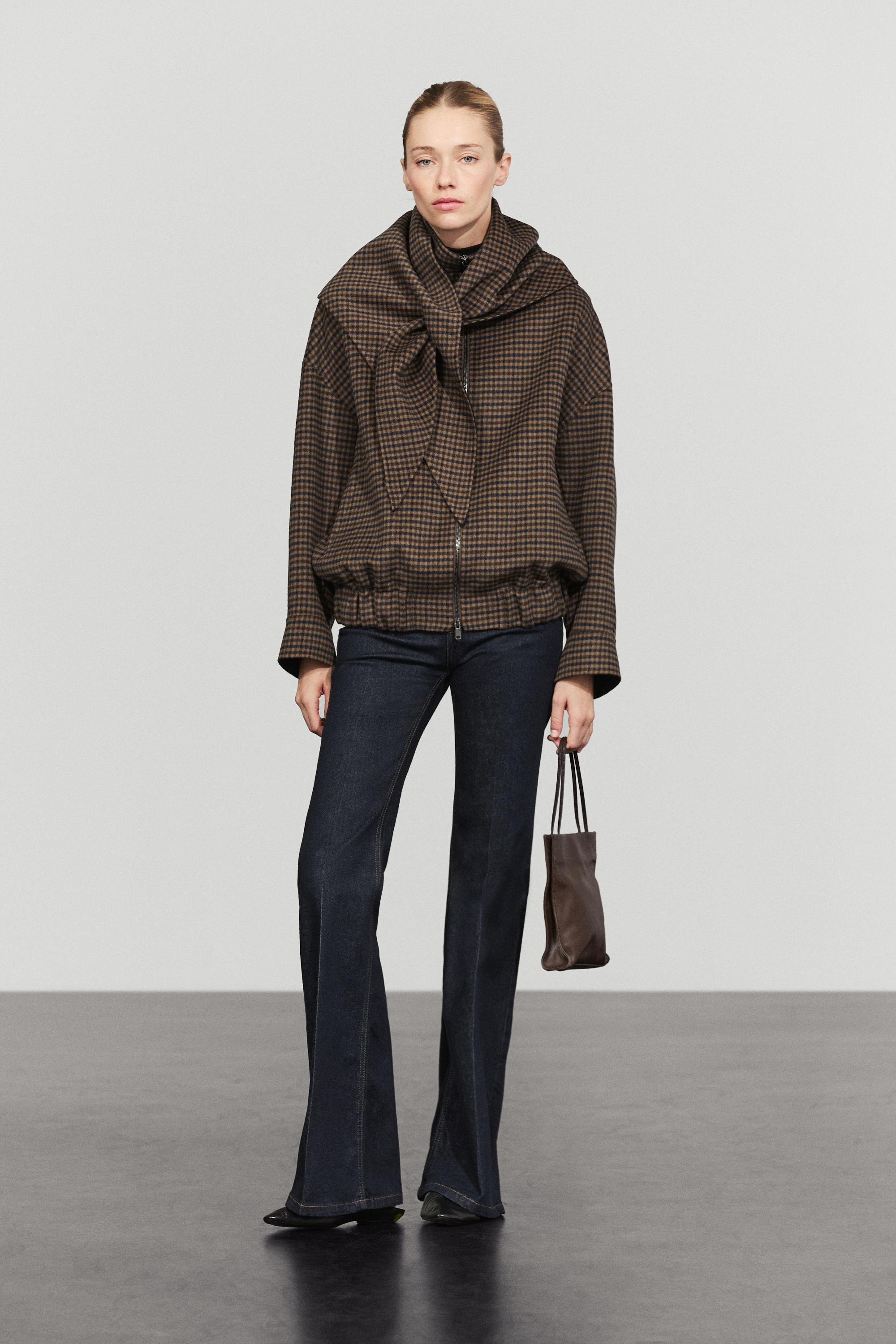 Gingham bomber jacket with removable scarf - BROWN