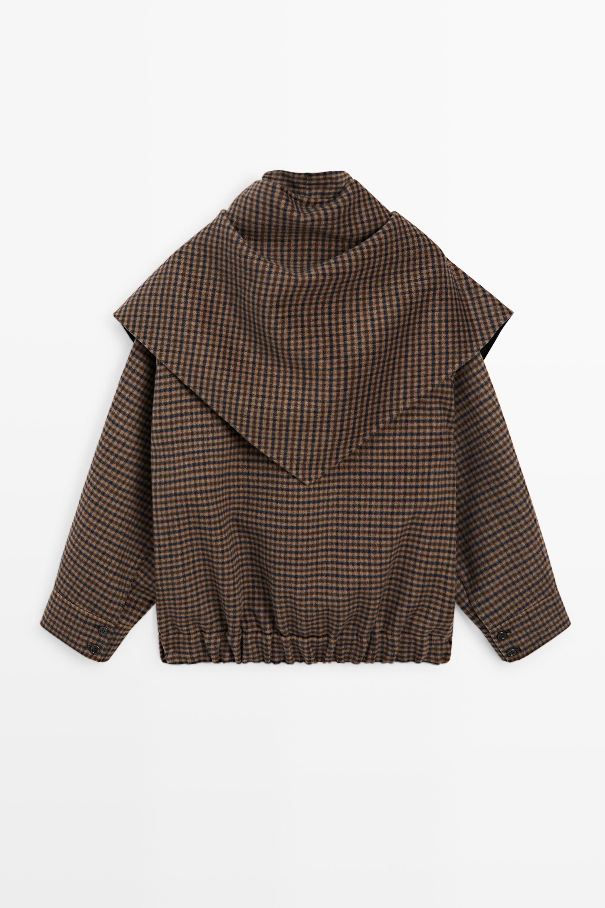 Gingham bomber jacket with removable scarf - BROWN