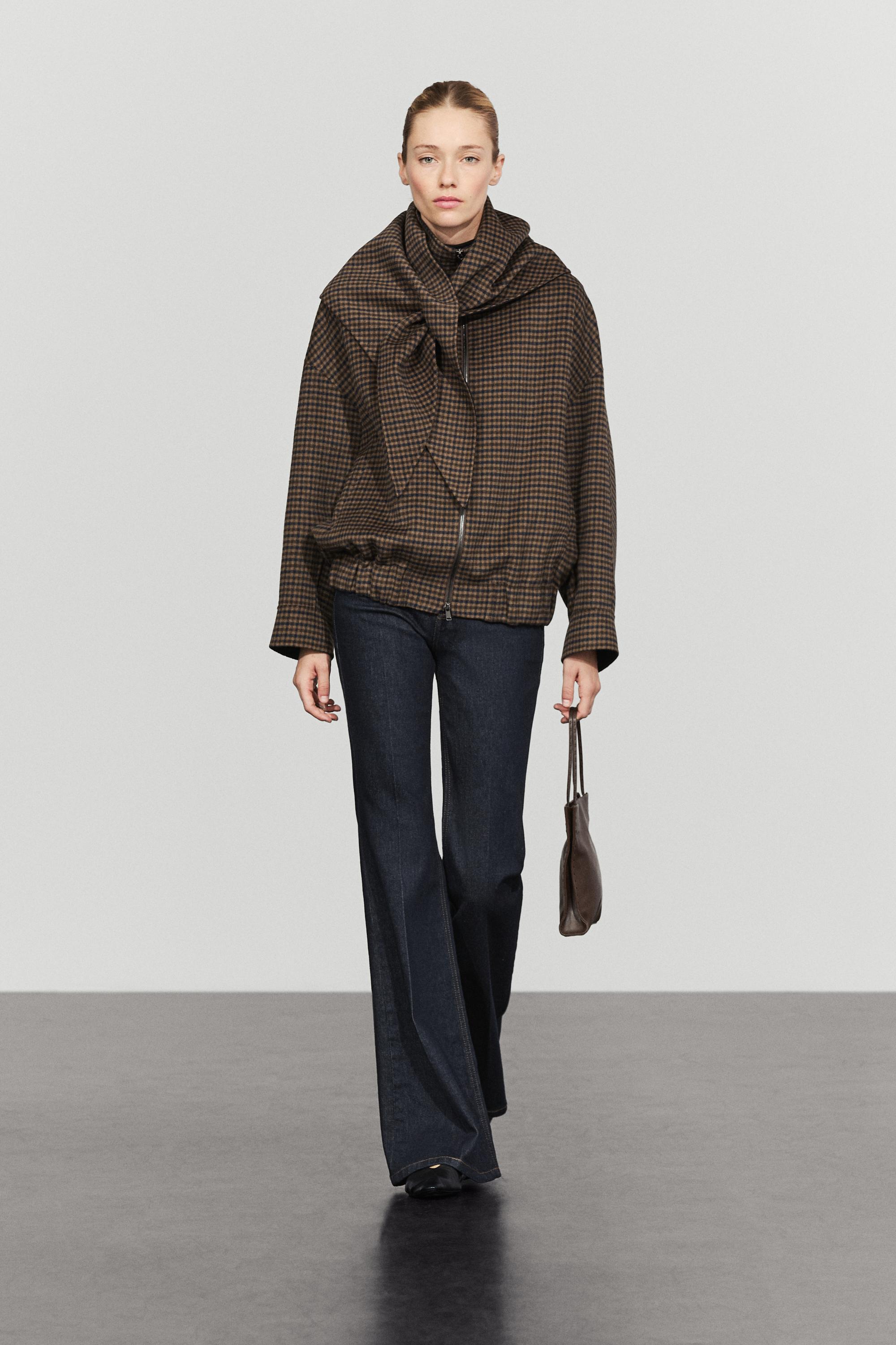 Gingham bomber jacket with removable scarf - BROWN