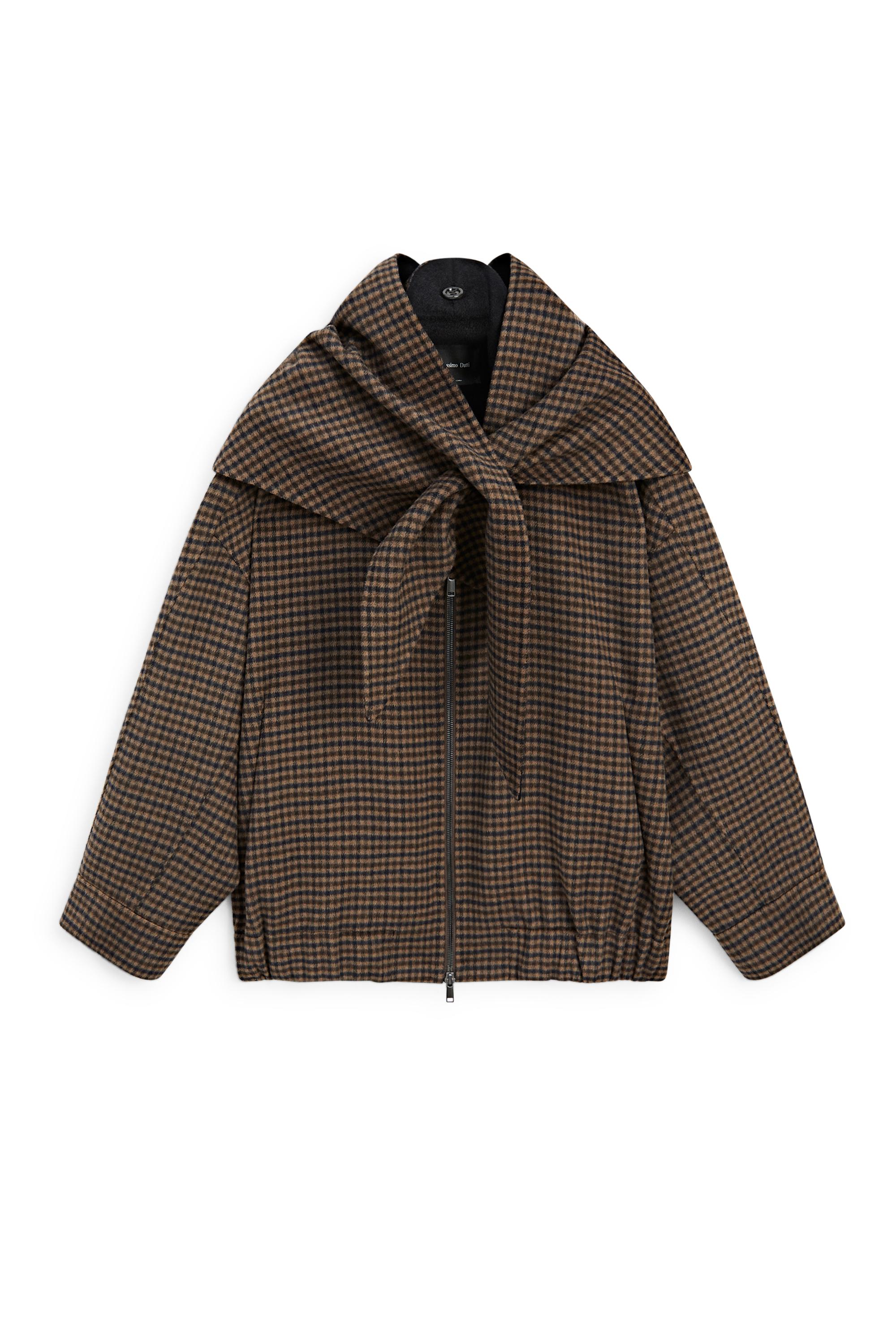 Gingham bomber jacket with removable scarf - BROWN