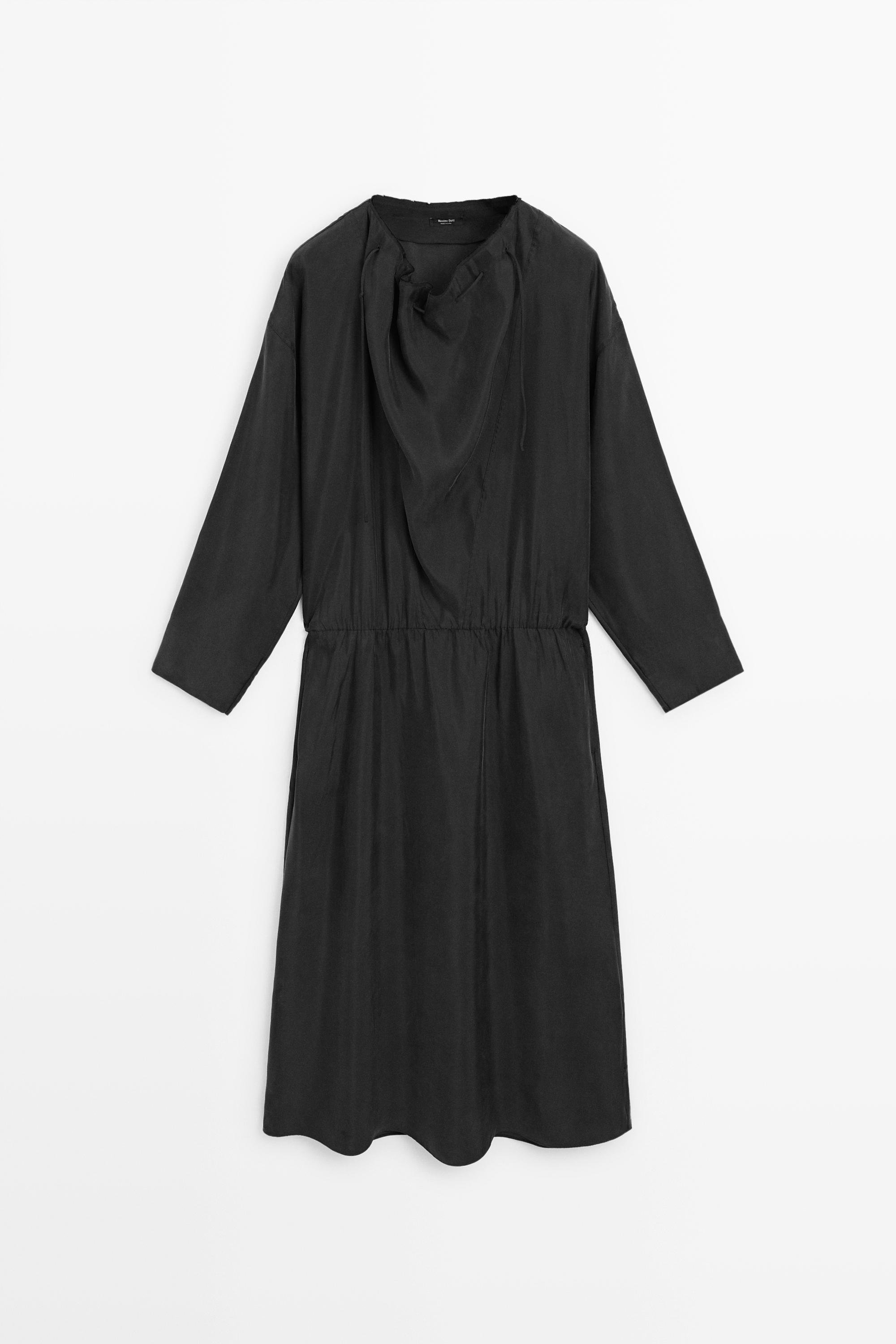 Fluid midi dress with collar detail - BLACK