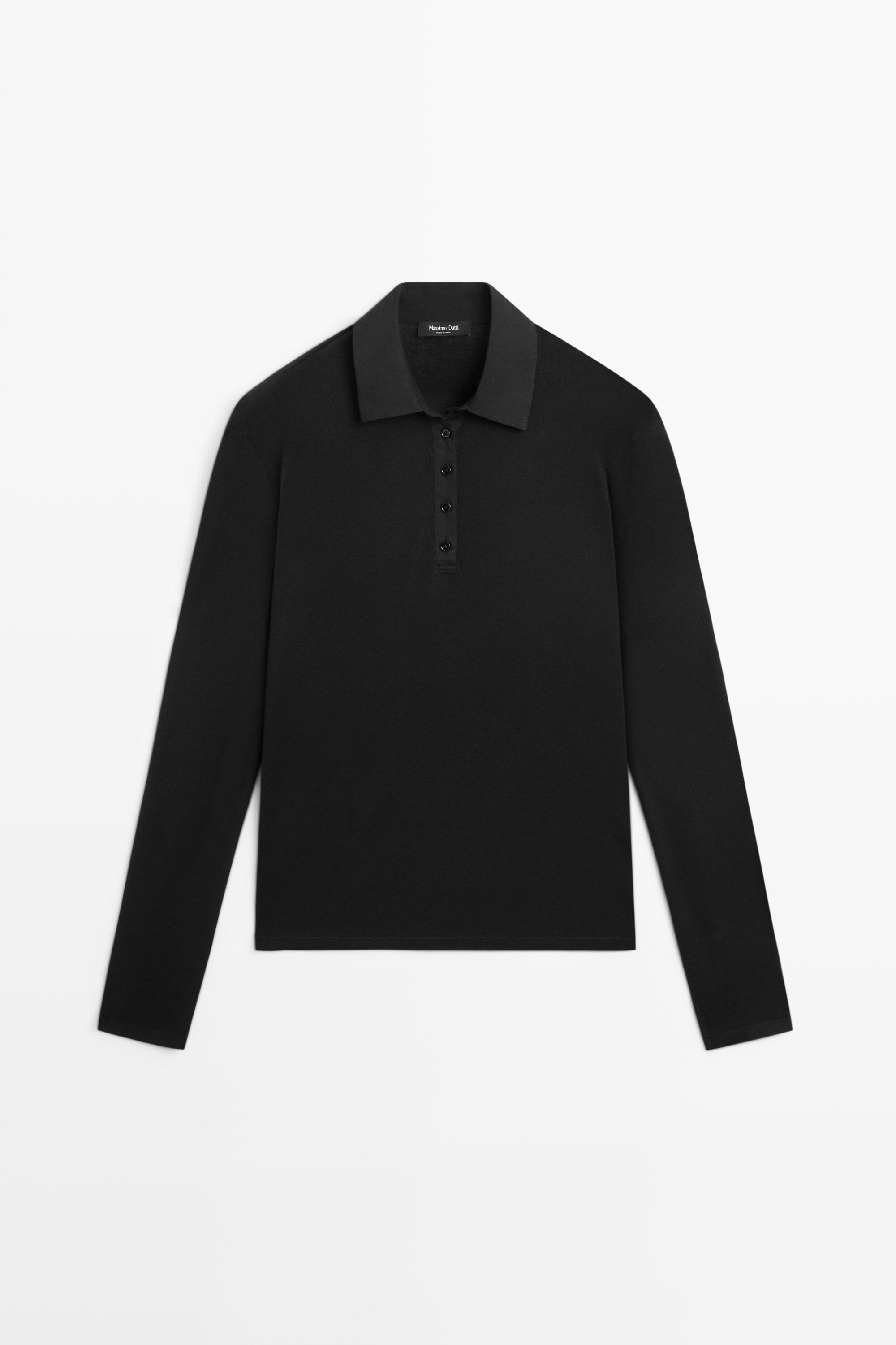 Long sleeve wool polo shirt - BLACK