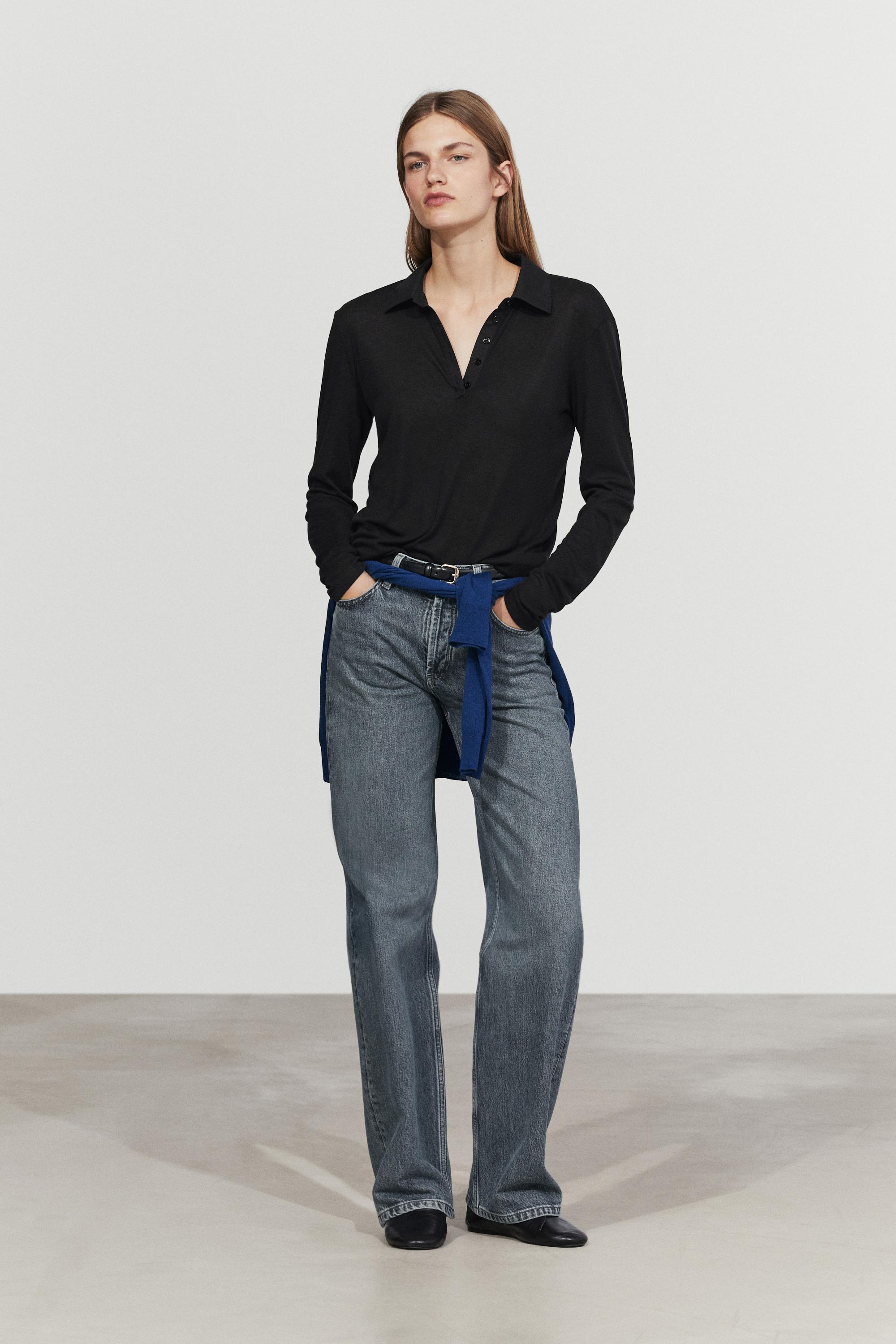 Long sleeve wool polo shirt - BLACK