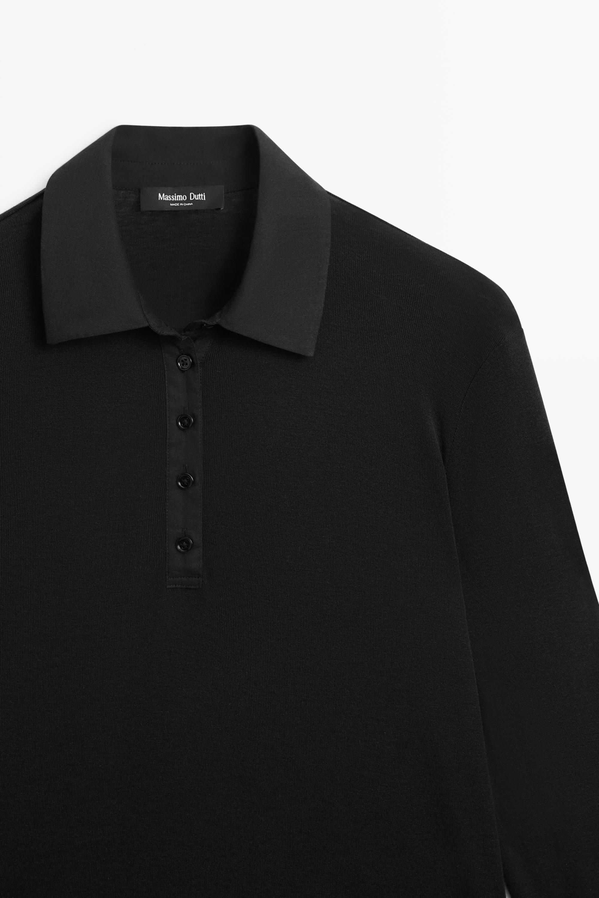 Long sleeve wool polo shirt - BLACK