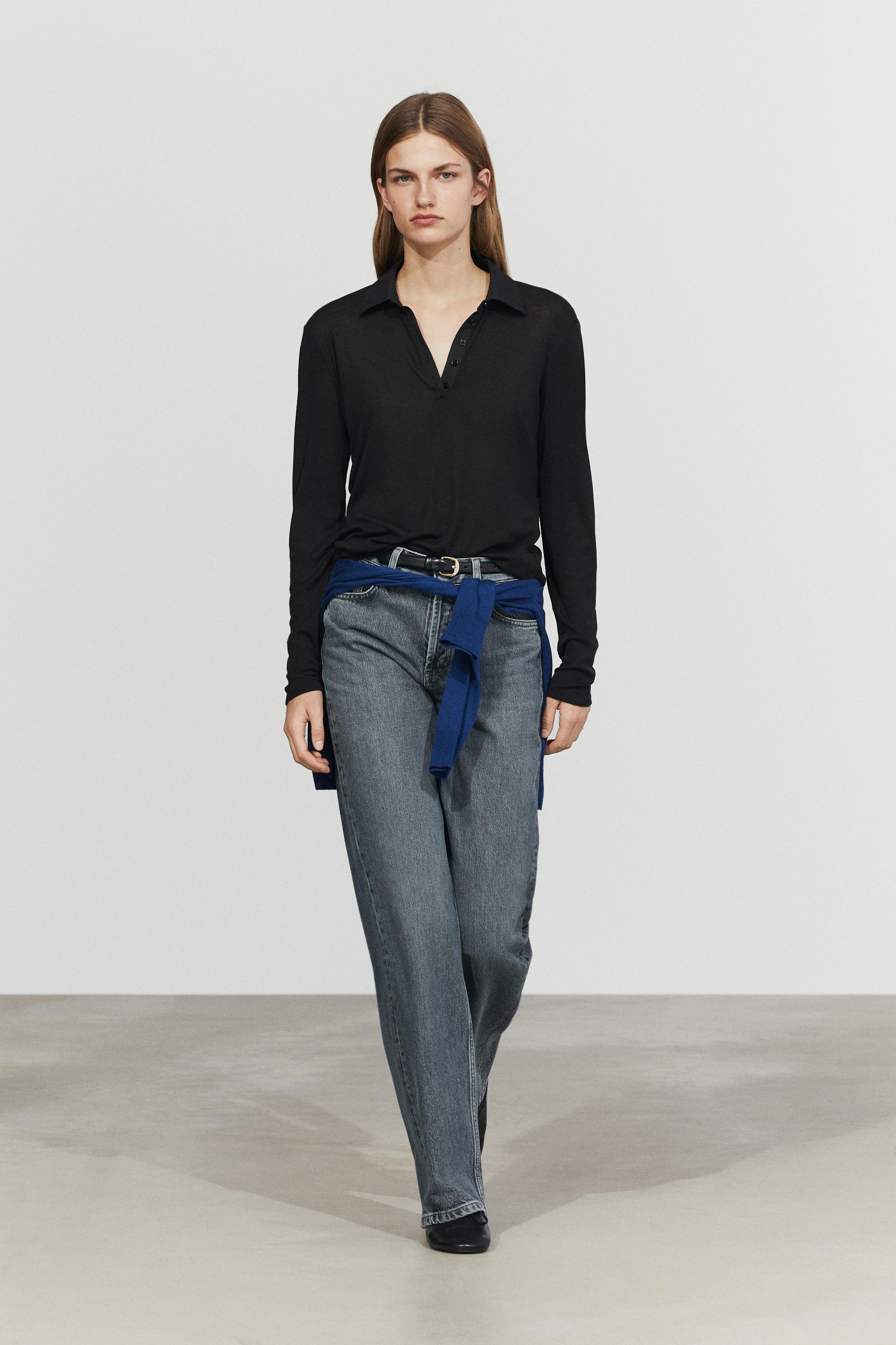 Long sleeve wool polo shirt - BLACK