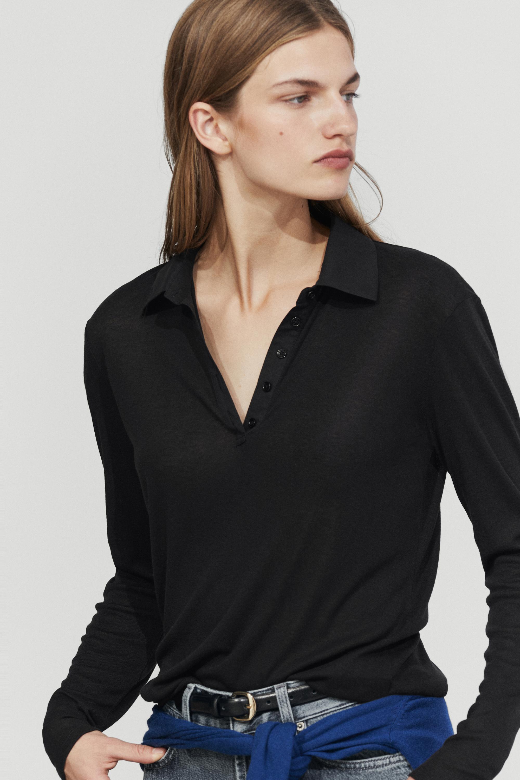 Long sleeve wool polo shirt - BLACK