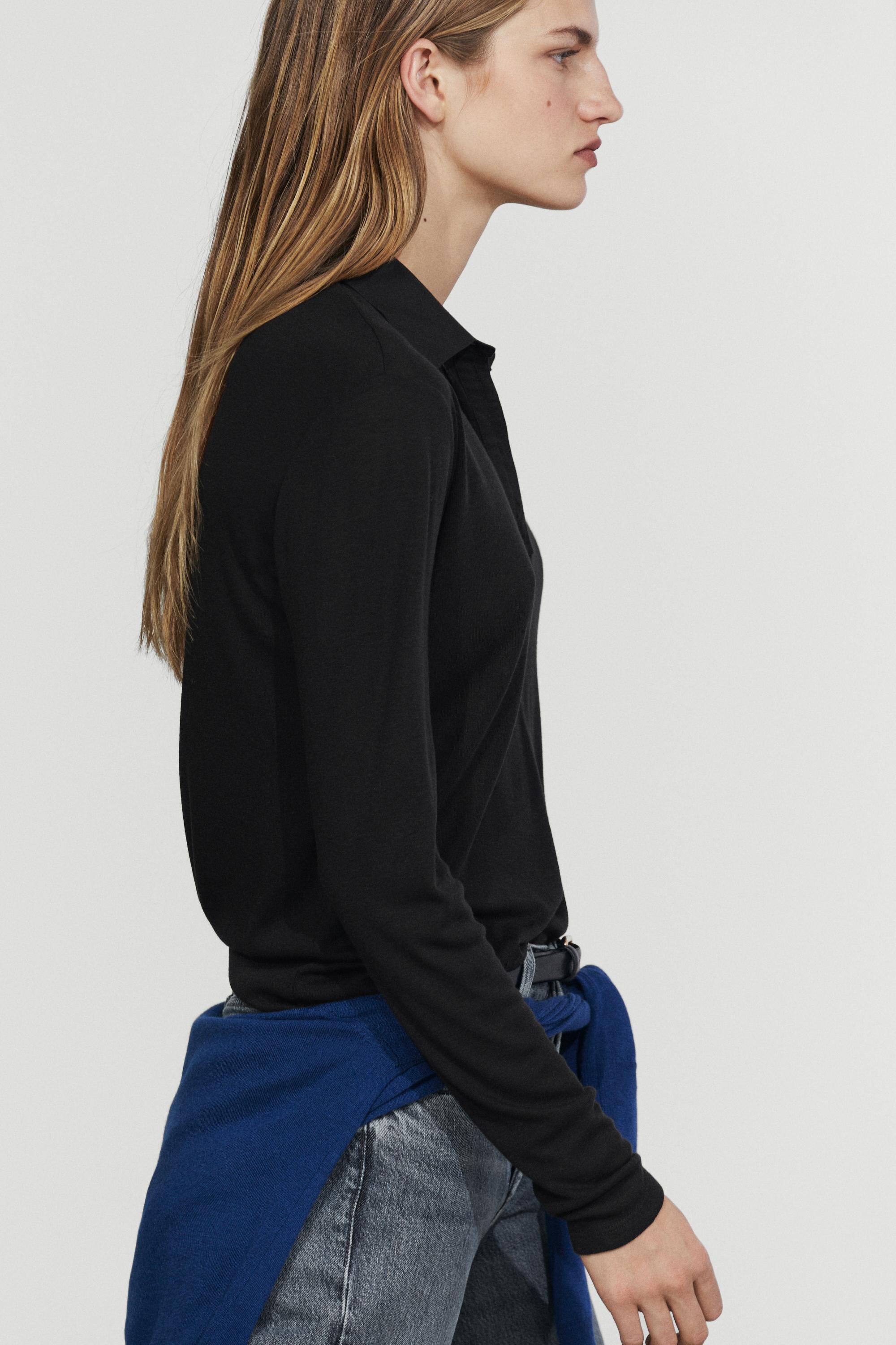 Long sleeve wool polo shirt - BLACK