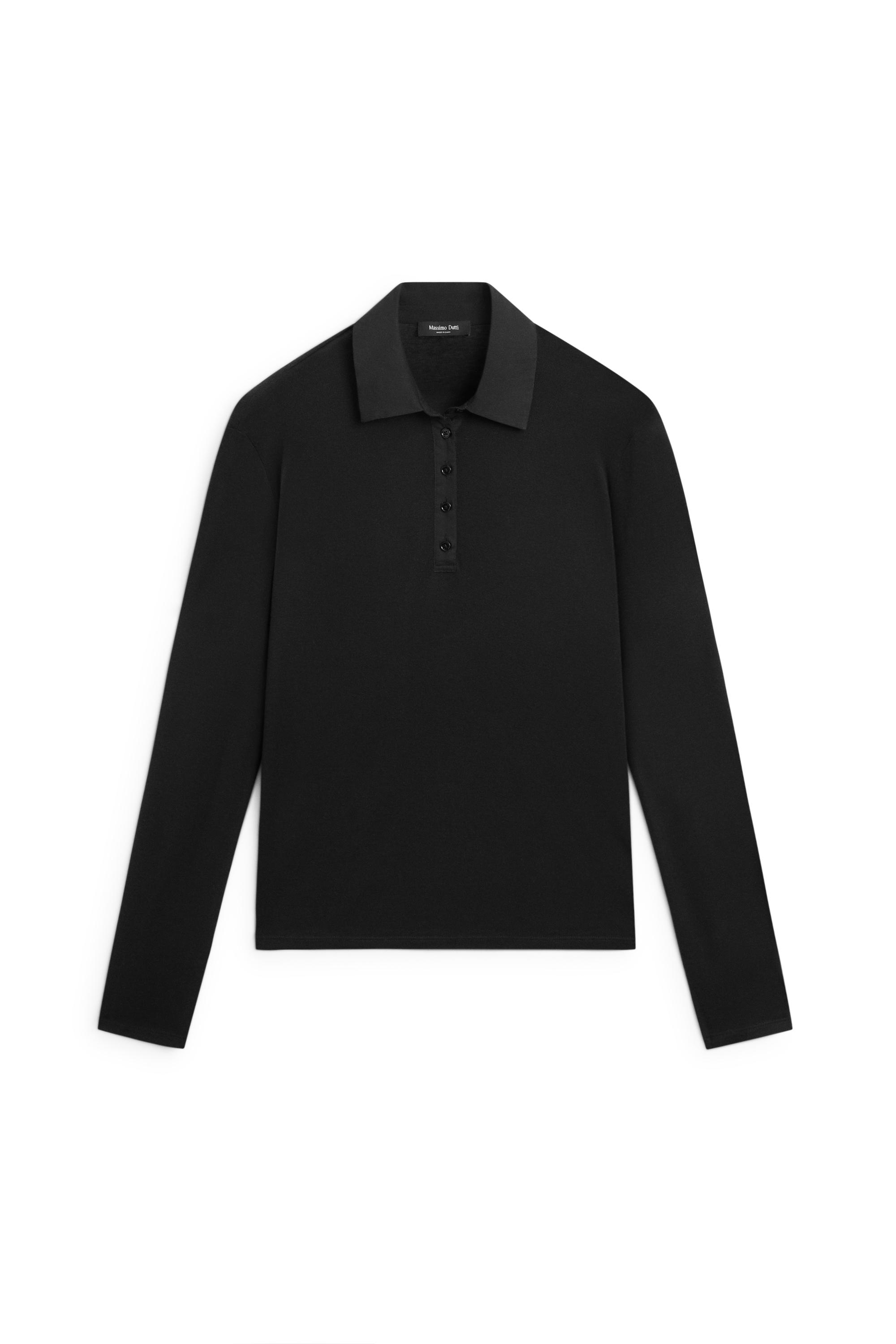 Long sleeve wool polo shirt - BLACK