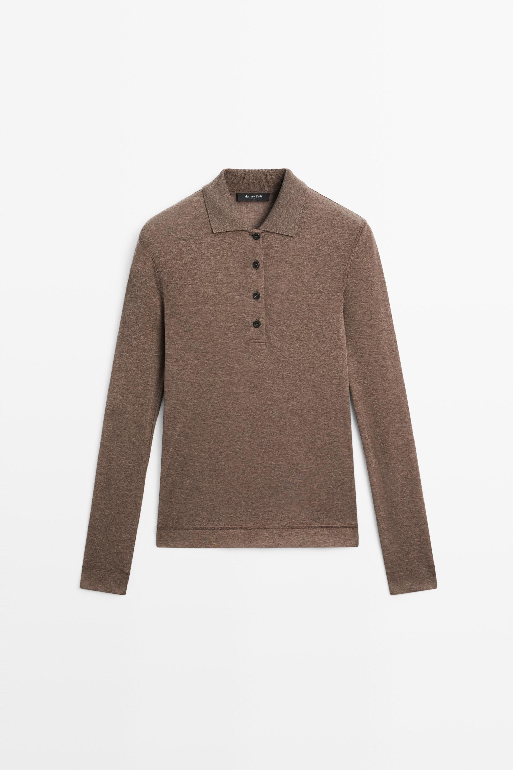 Long sleeve wool polo shirt - MINK