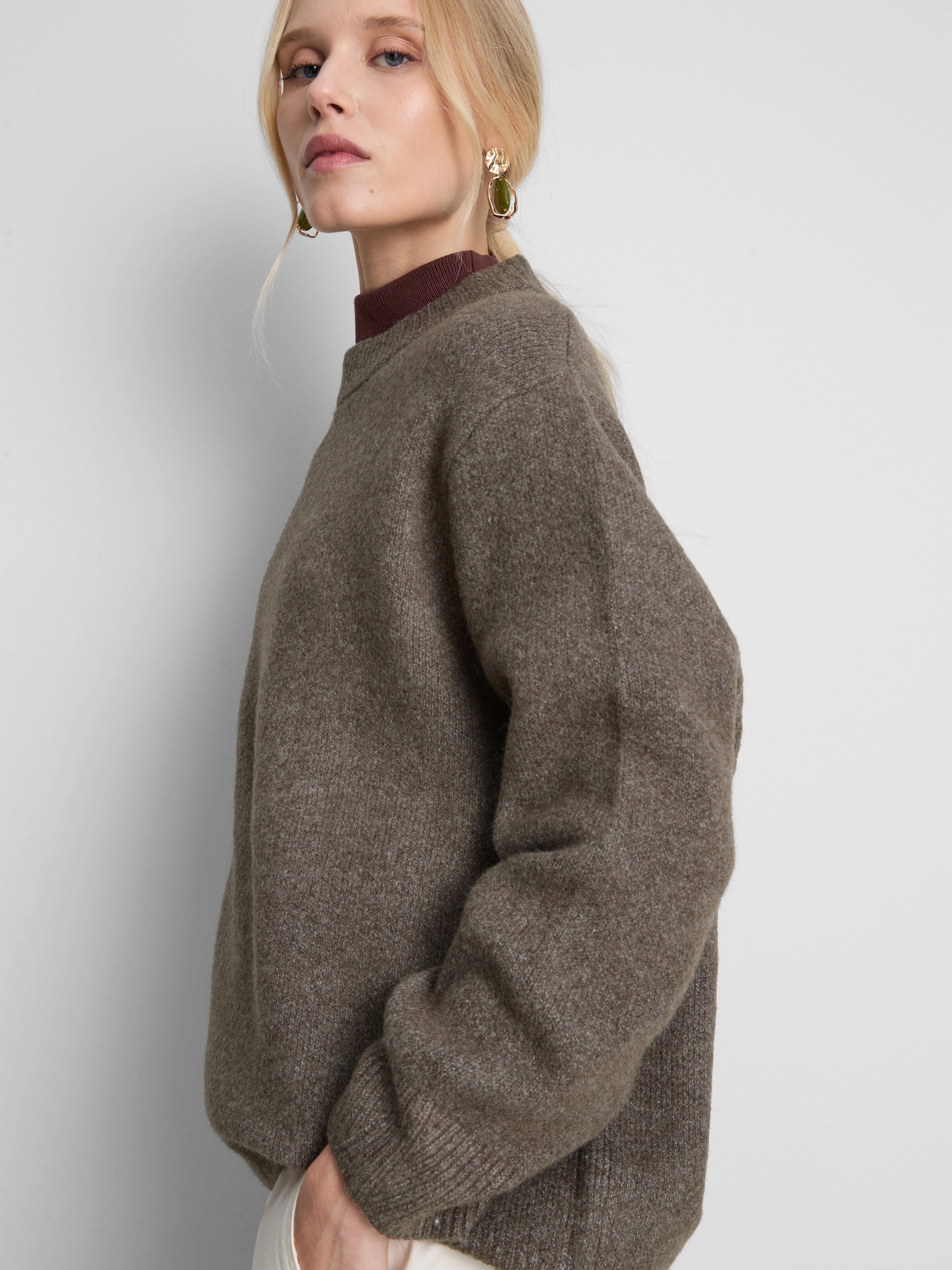 Wool Blend Oversized Crew Neck Sweater - Brown