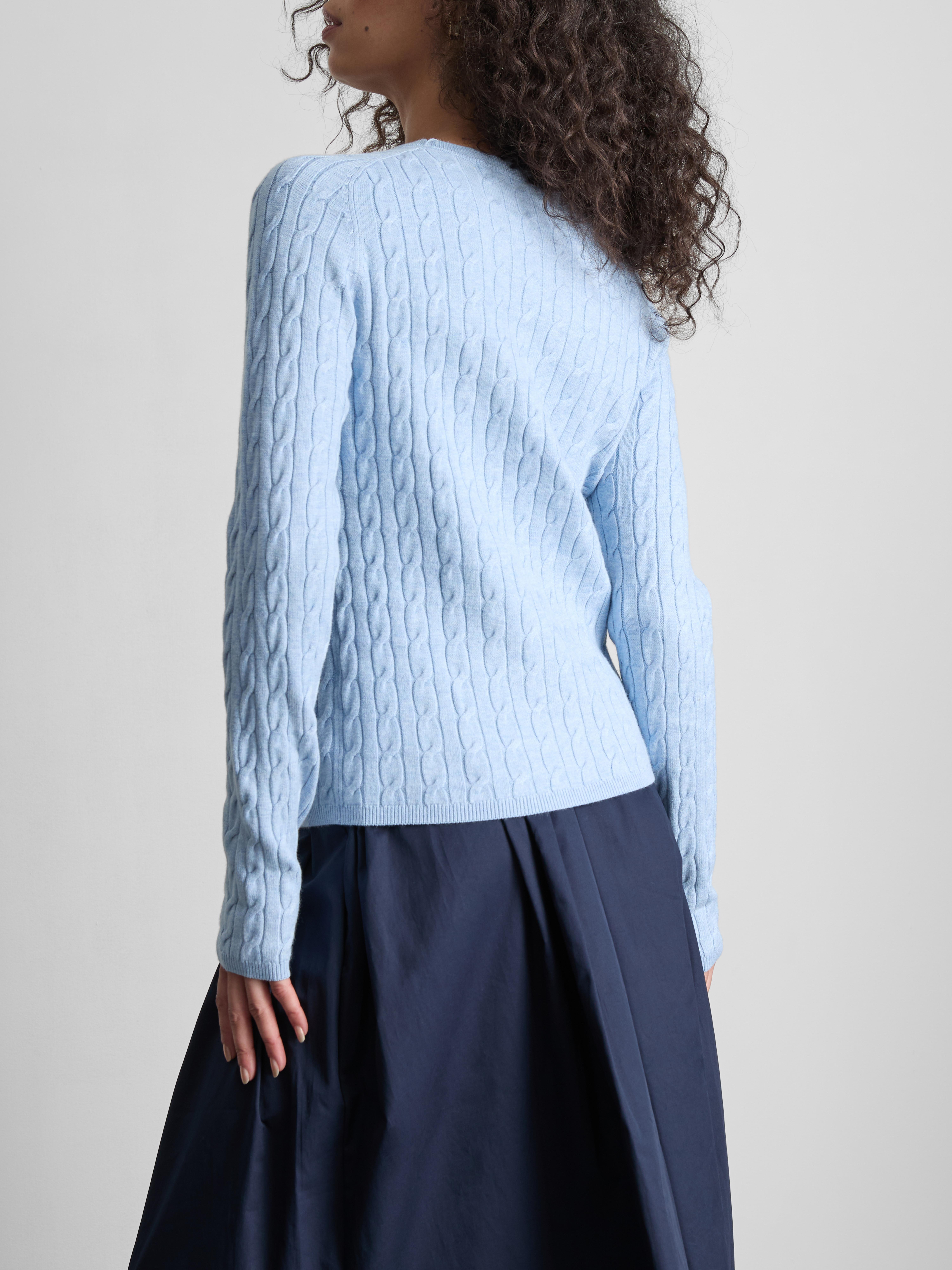 Cable Knit Crew Neck Sweater - Light Blue