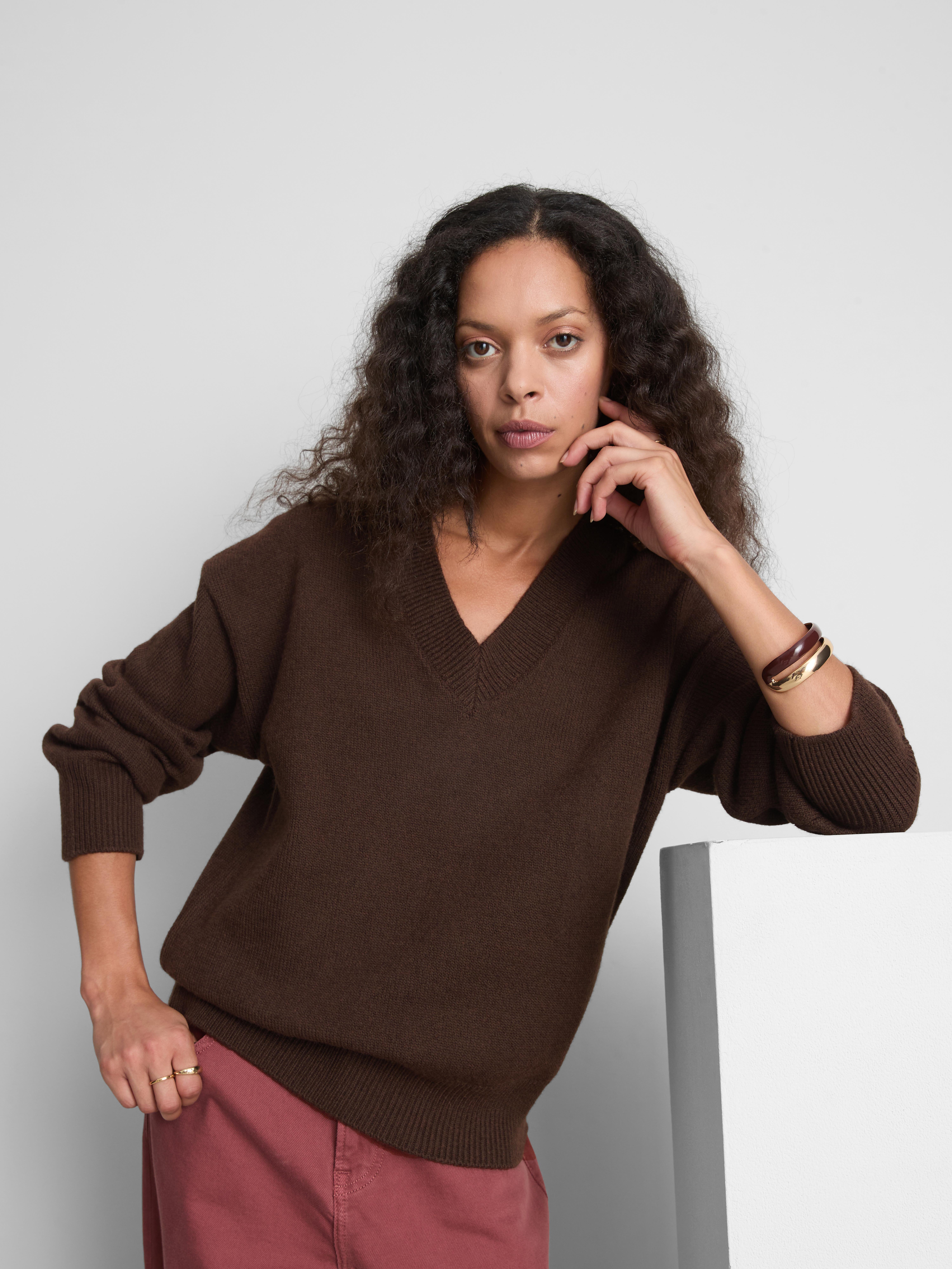 Knitted V-Neck Sweater - Chocolate