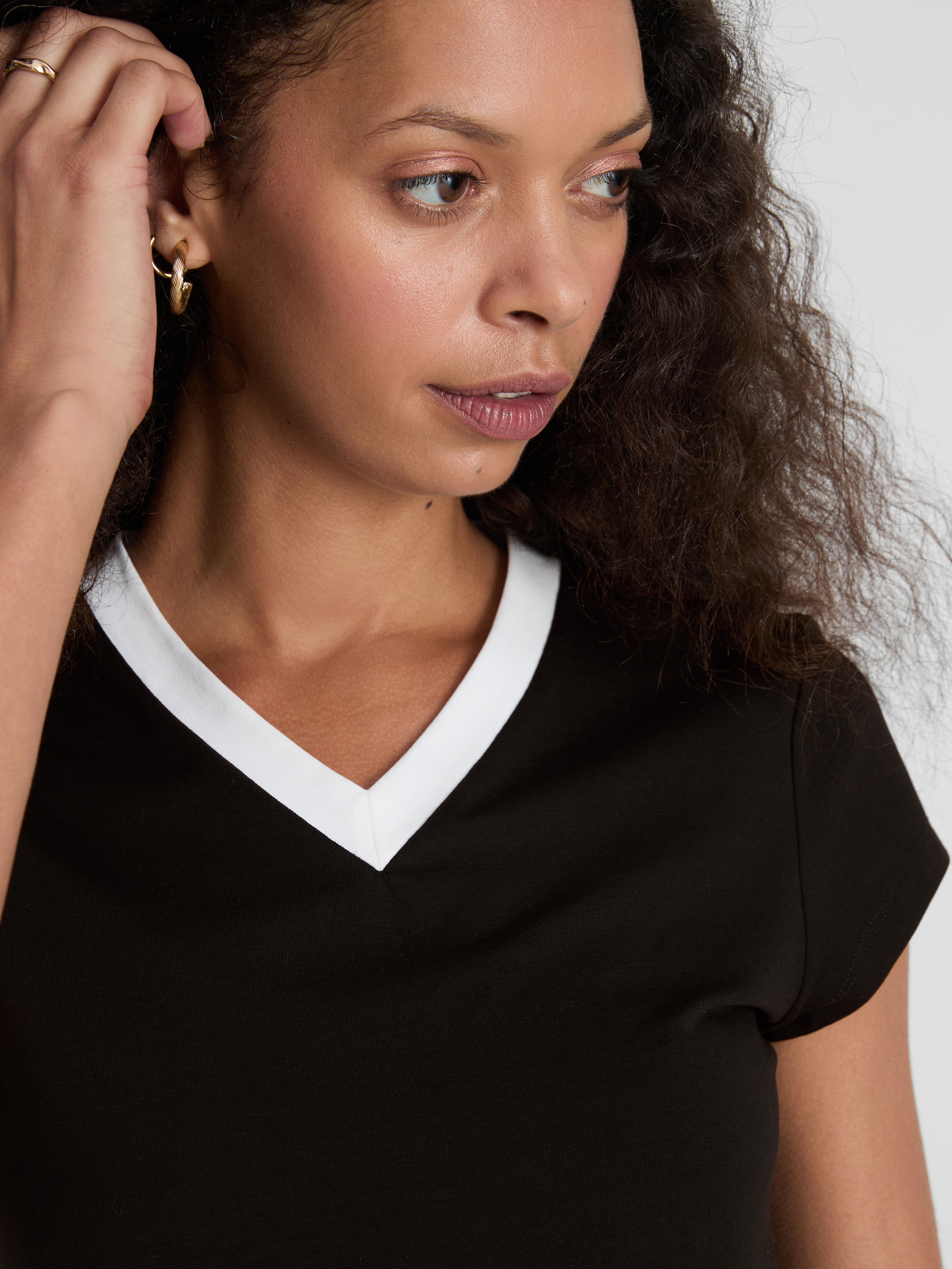 Cotton Rich Contrast V Neck Tee - Black