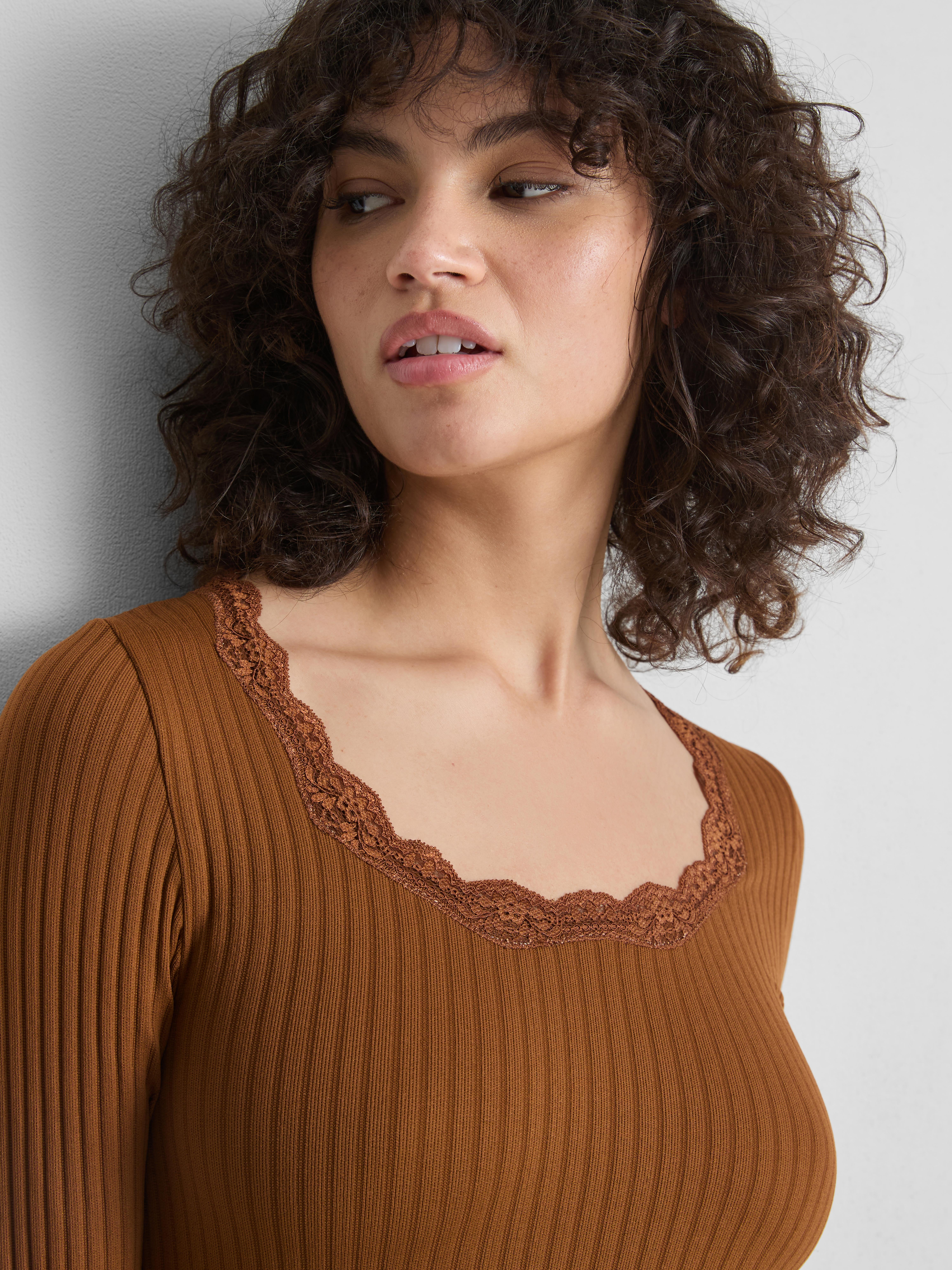 Ribbed Long-Sleeve Squareneck Top - Tan
