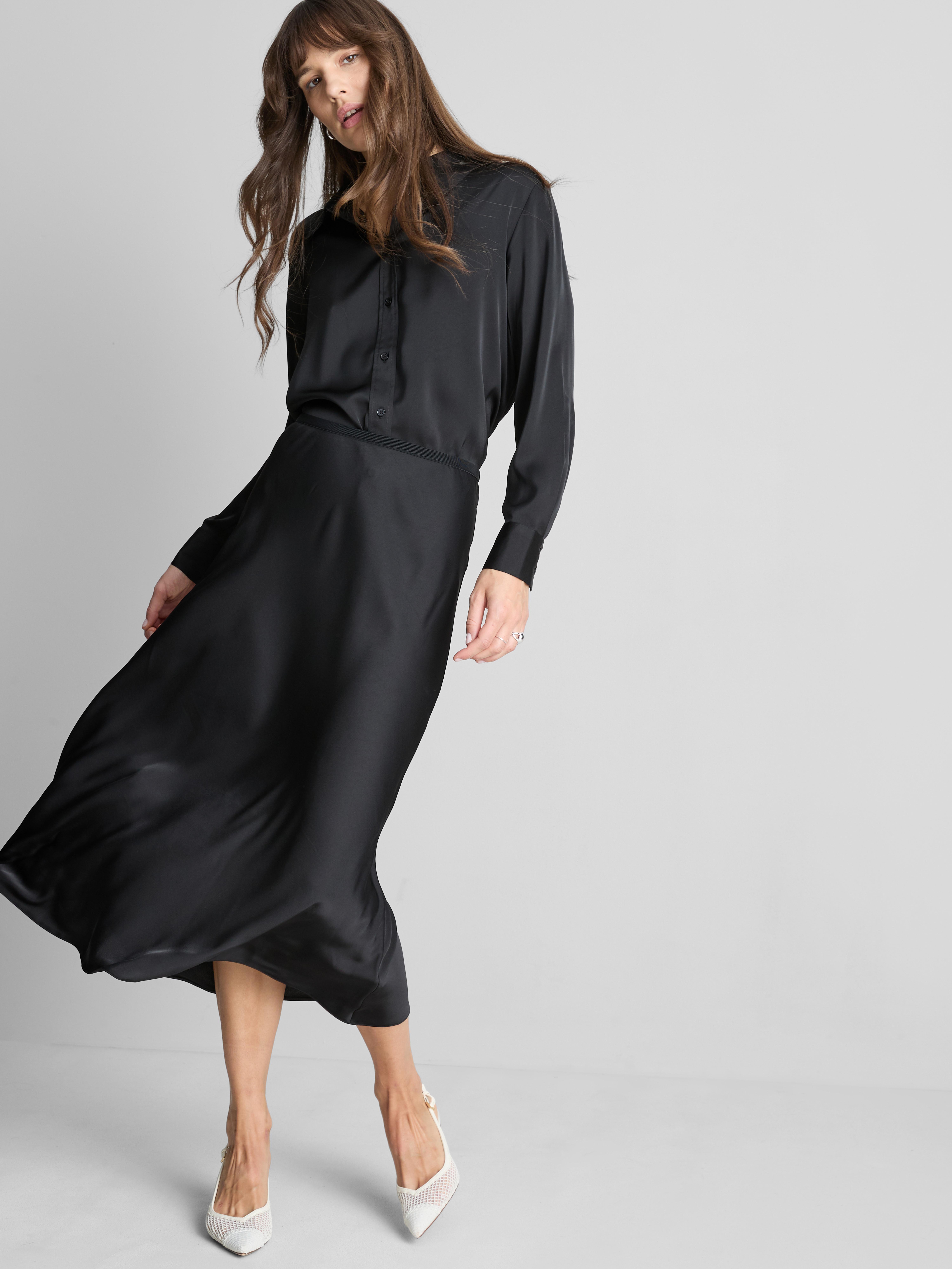 Satin Circle Midi Skirt - Black