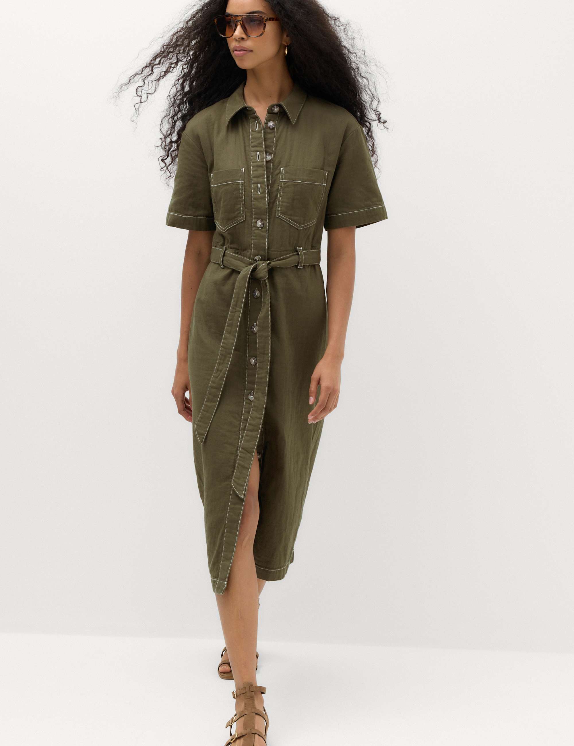 Pure Cotton Collared Belted Midi Utility Dress
