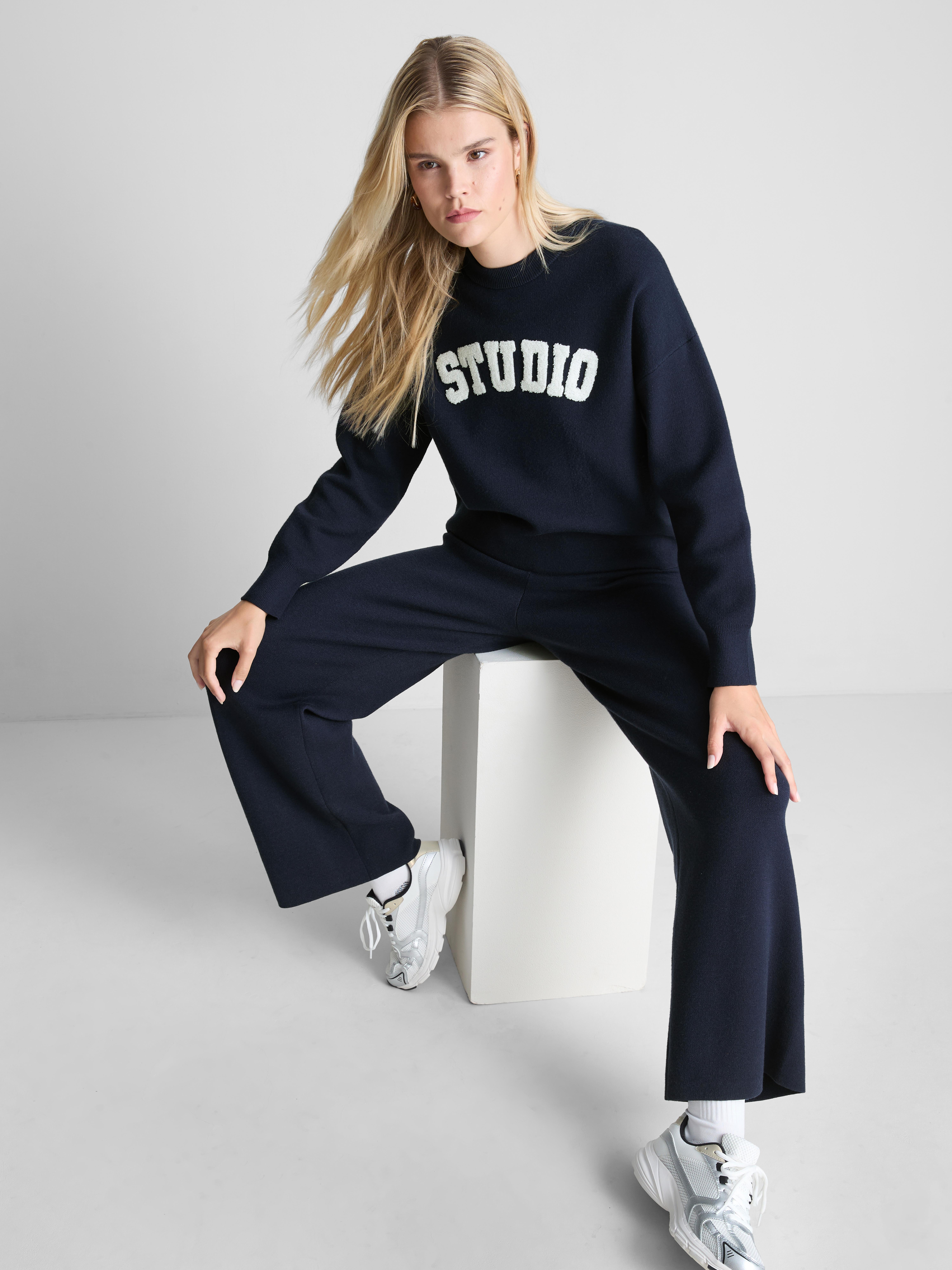 Compact Knit Wide Leg Leggings - Navy