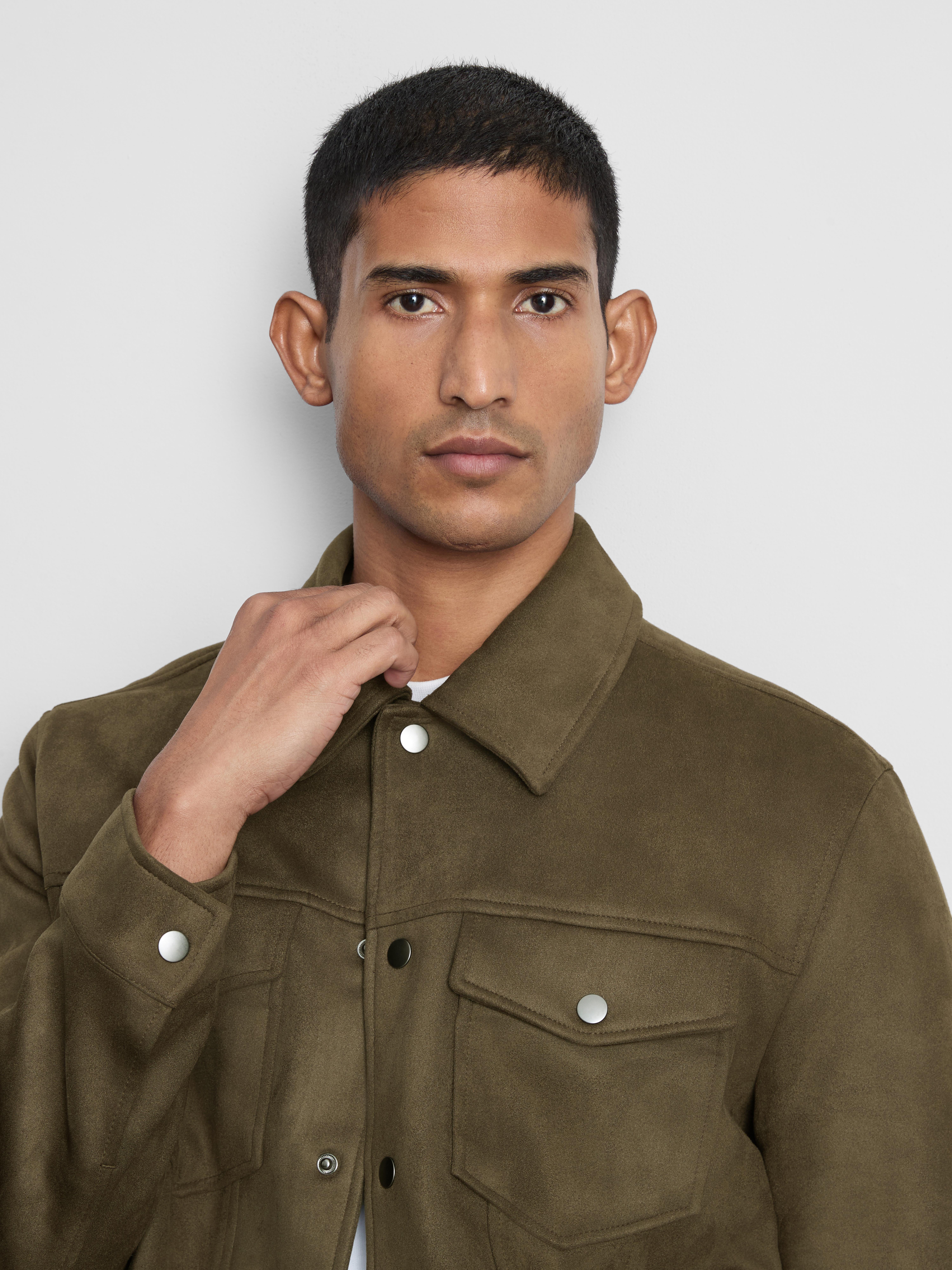 Faux Suede Trucker Jacket - Olive